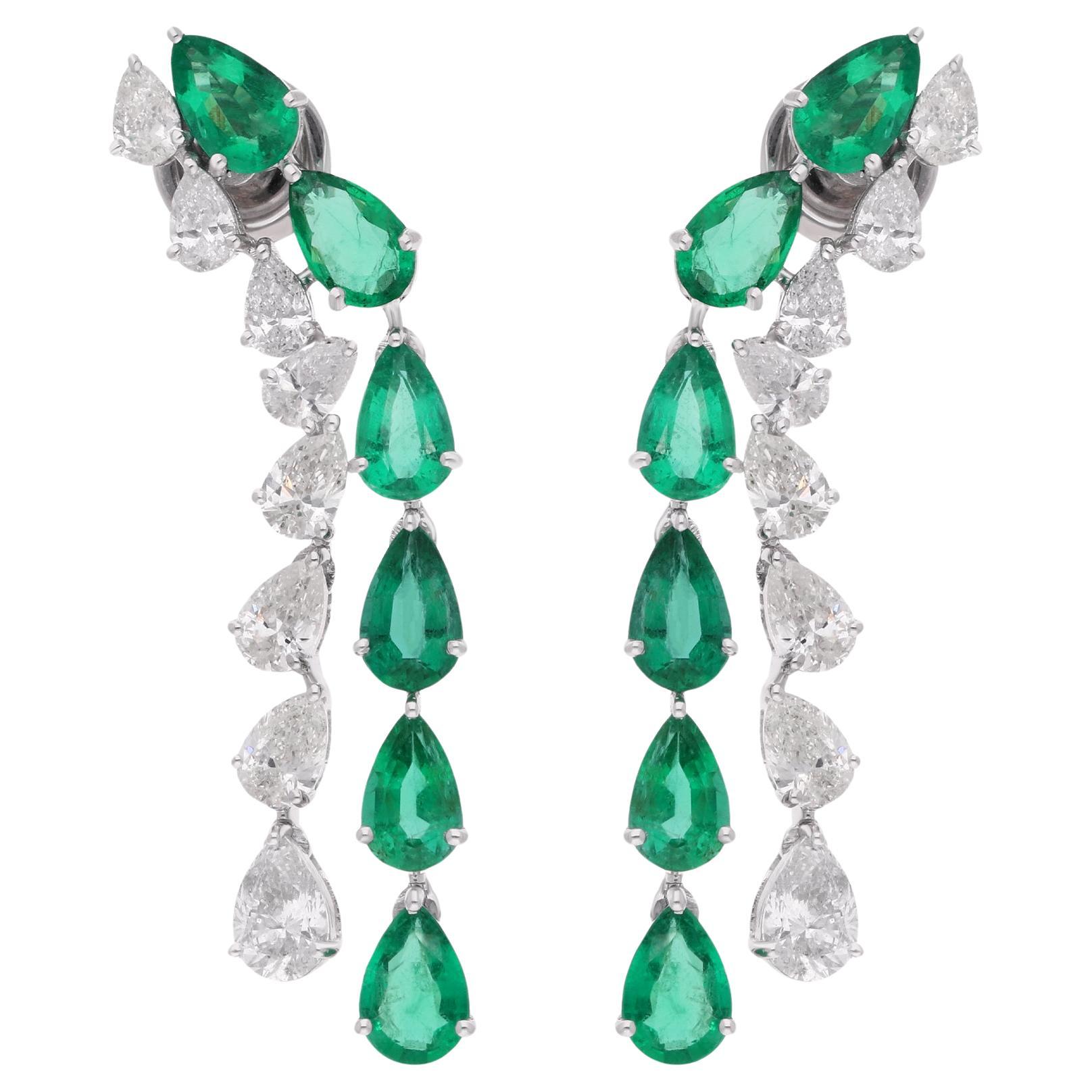 Pear Zambian Emerald Gemstone Earrings Diamond 14 Karat White Gold Fine Jewelry For Sale