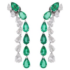 Pear Zambian Emerald Gemstone Earrings Diamond 14 Karat White Gold Fine Jewelry