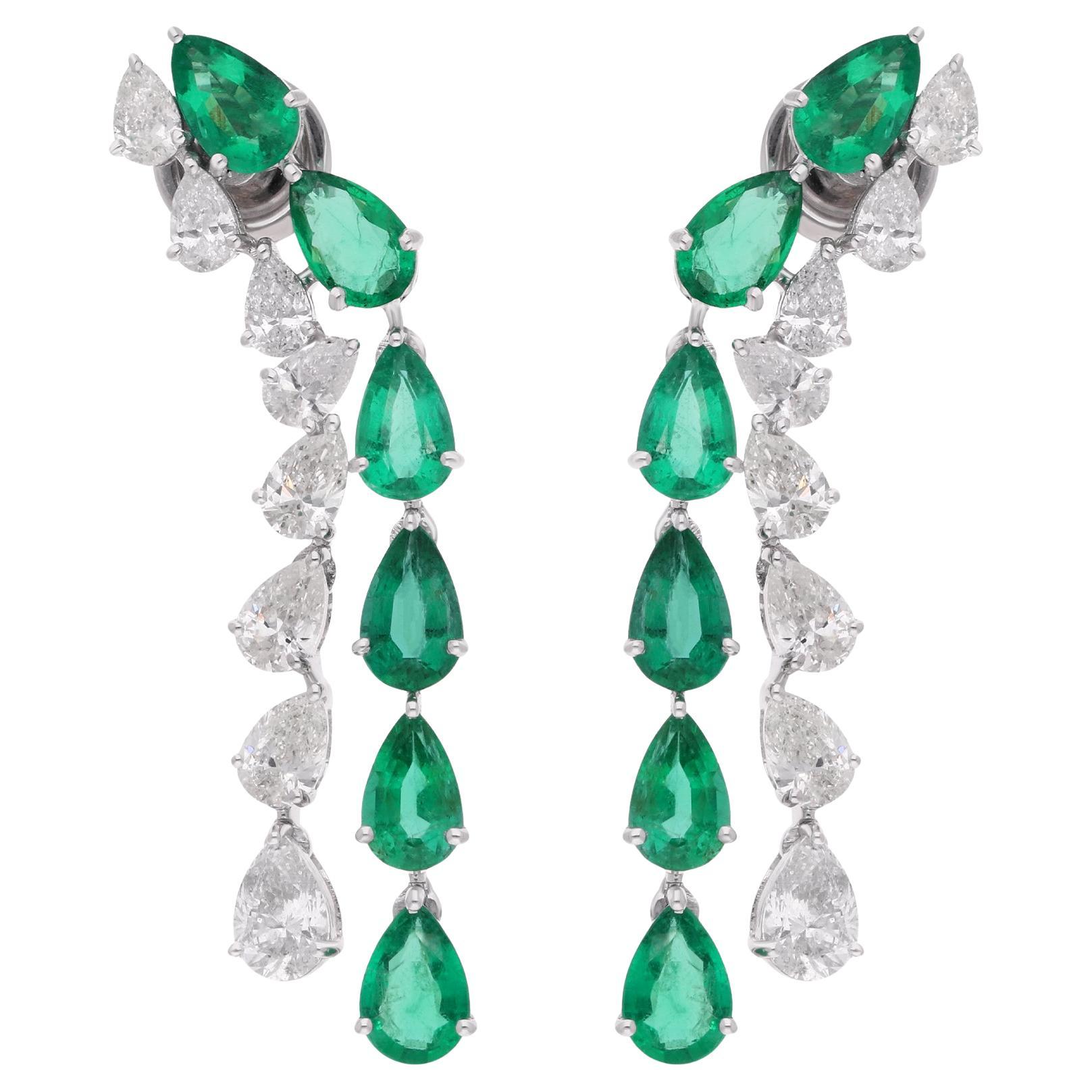 Pear Zambian Emerald Gemstone Earrings Diamond 14 Karat White Gold Fine Jewelry
