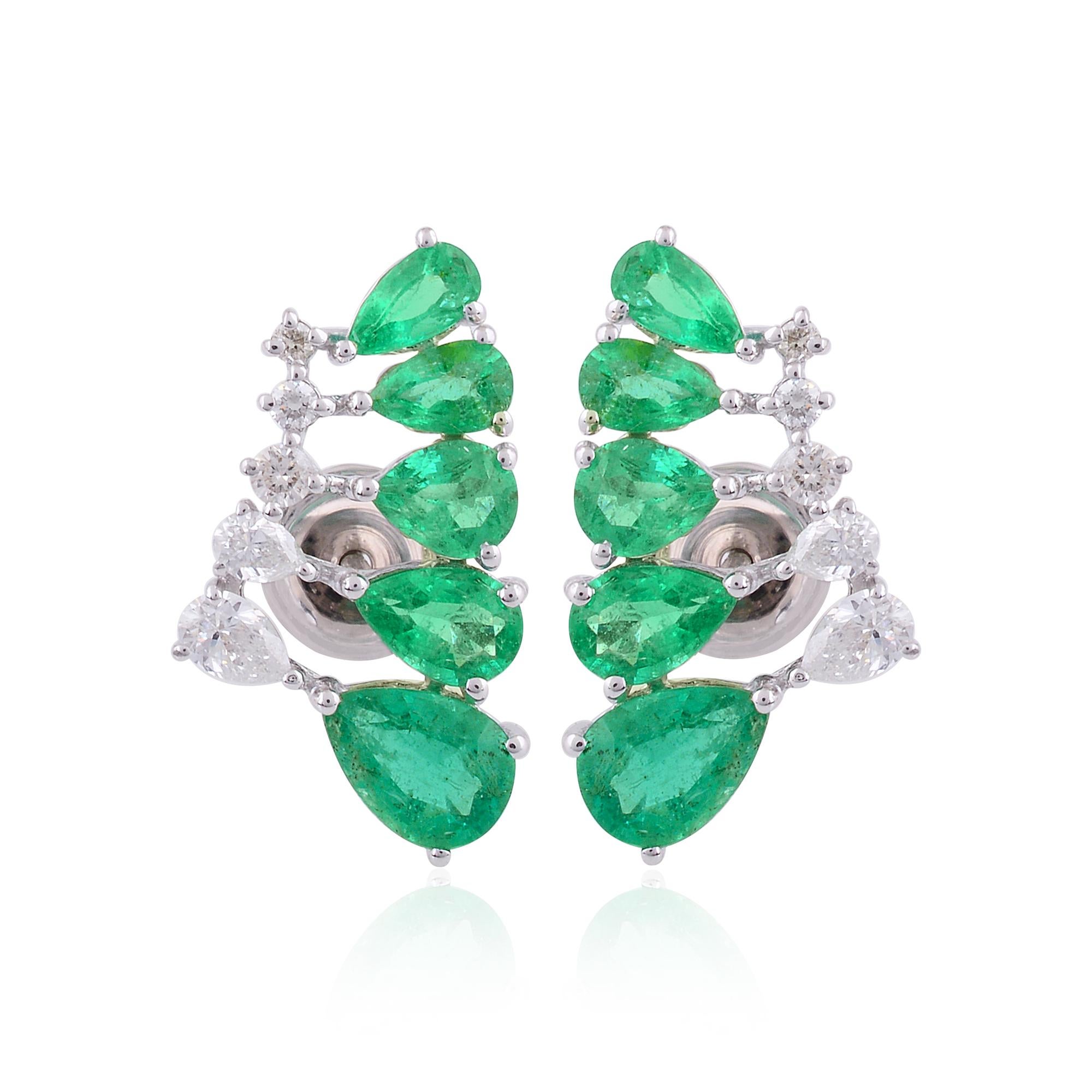 At the heart of each earring rests a dazzling pear-shaped Zambian emerald, renowned for its mesmerizing green hue and exceptional clarity. These ethically sourced emeralds exhibit a captivating depth of color, reminiscent of lush forests and