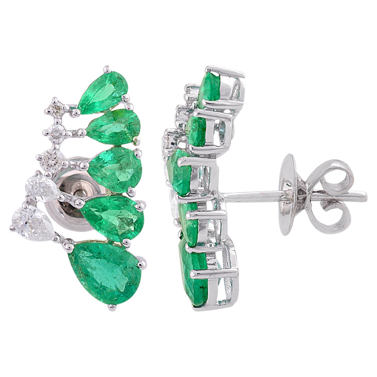 Pear Zambian Emerald Gemstone Earrings Diamond 18 Karat White Gold Fine Jewelry For Sale