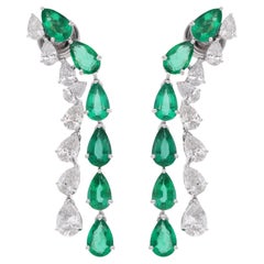 Pear Zambian Emerald Gemstone Earrings Diamond 18 Karat White Gold Fine Jewelry