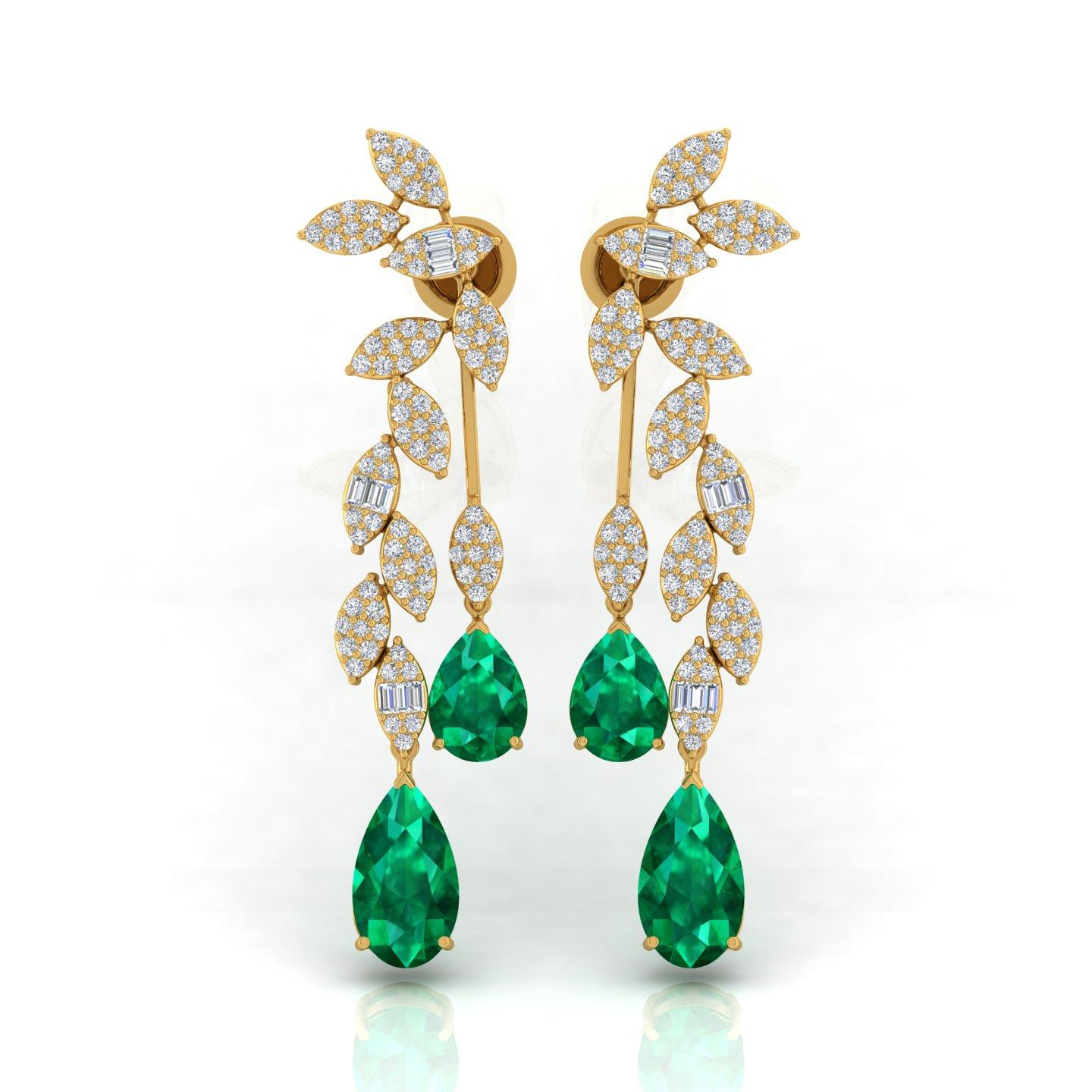 Pear Cut Pear Natural Emerald Gemstone Fine Dangle Earrings Diamond 18 Karat Yellow Gold For Sale