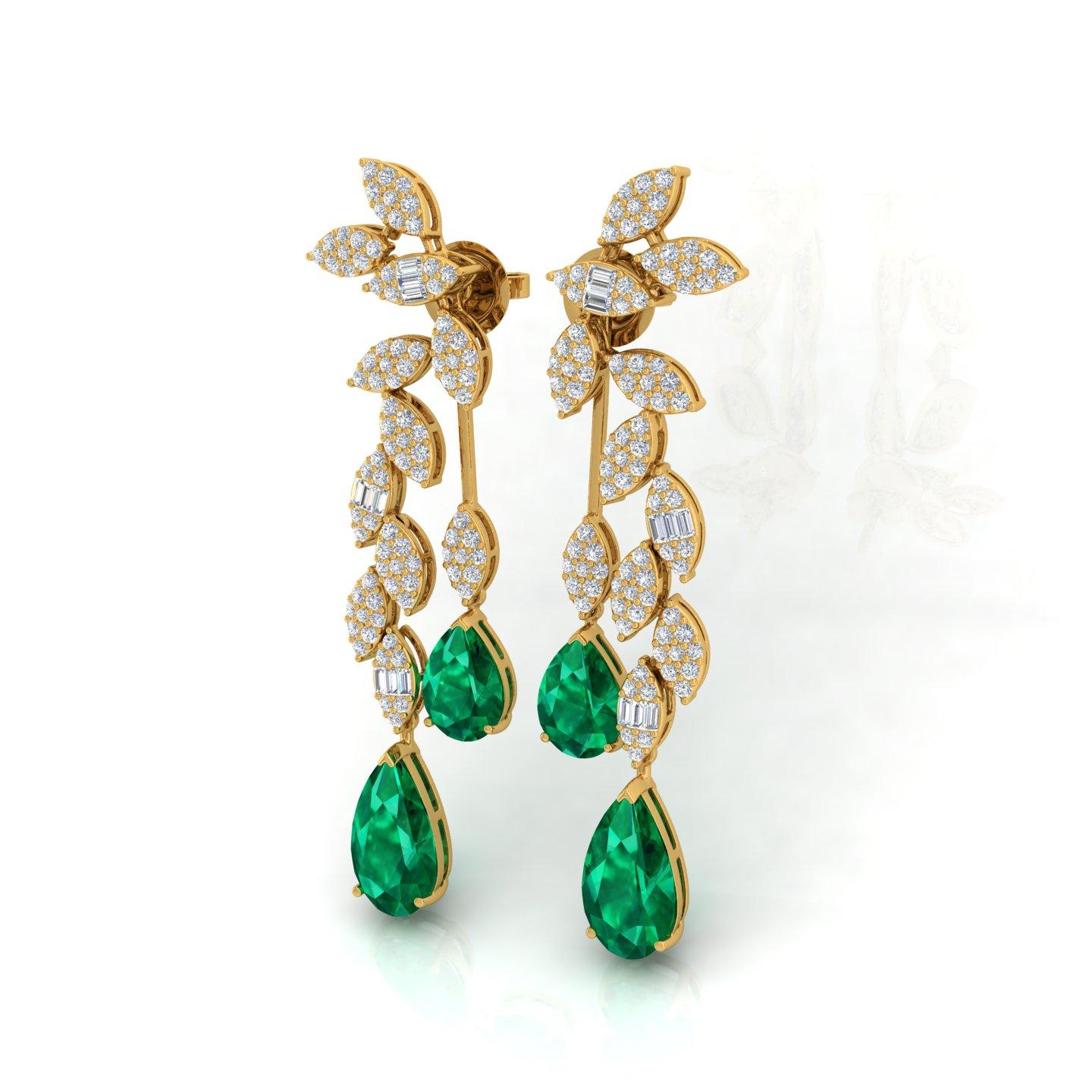 Women's Pear Natural Emerald Gemstone Fine Dangle Earrings Diamond 18 Karat Yellow Gold For Sale