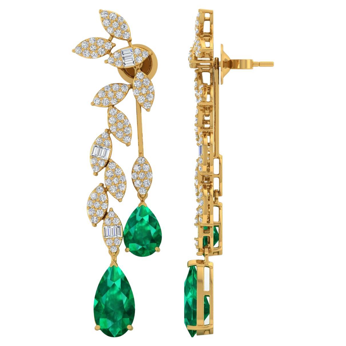 Pear Natural Emerald Gemstone Fine Dangle Earrings Diamond 18 Karat Yellow Gold