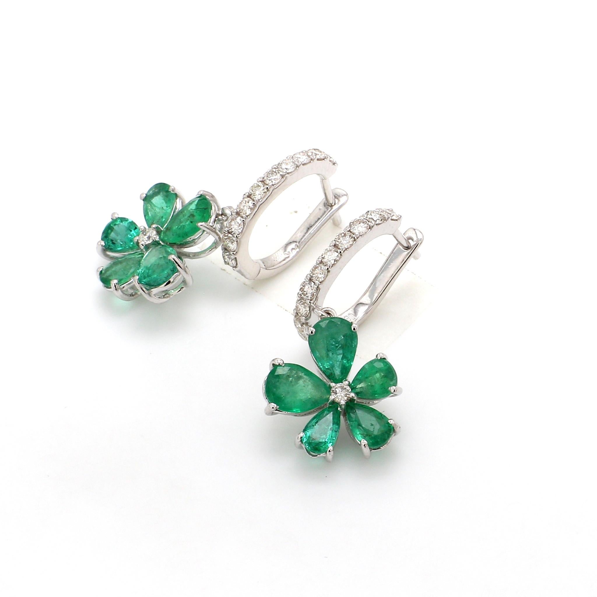 Modern Pear Zambian Emerald Gemstone Hoop Earrings Diamond 18 Karat White Gold Jewelry For Sale