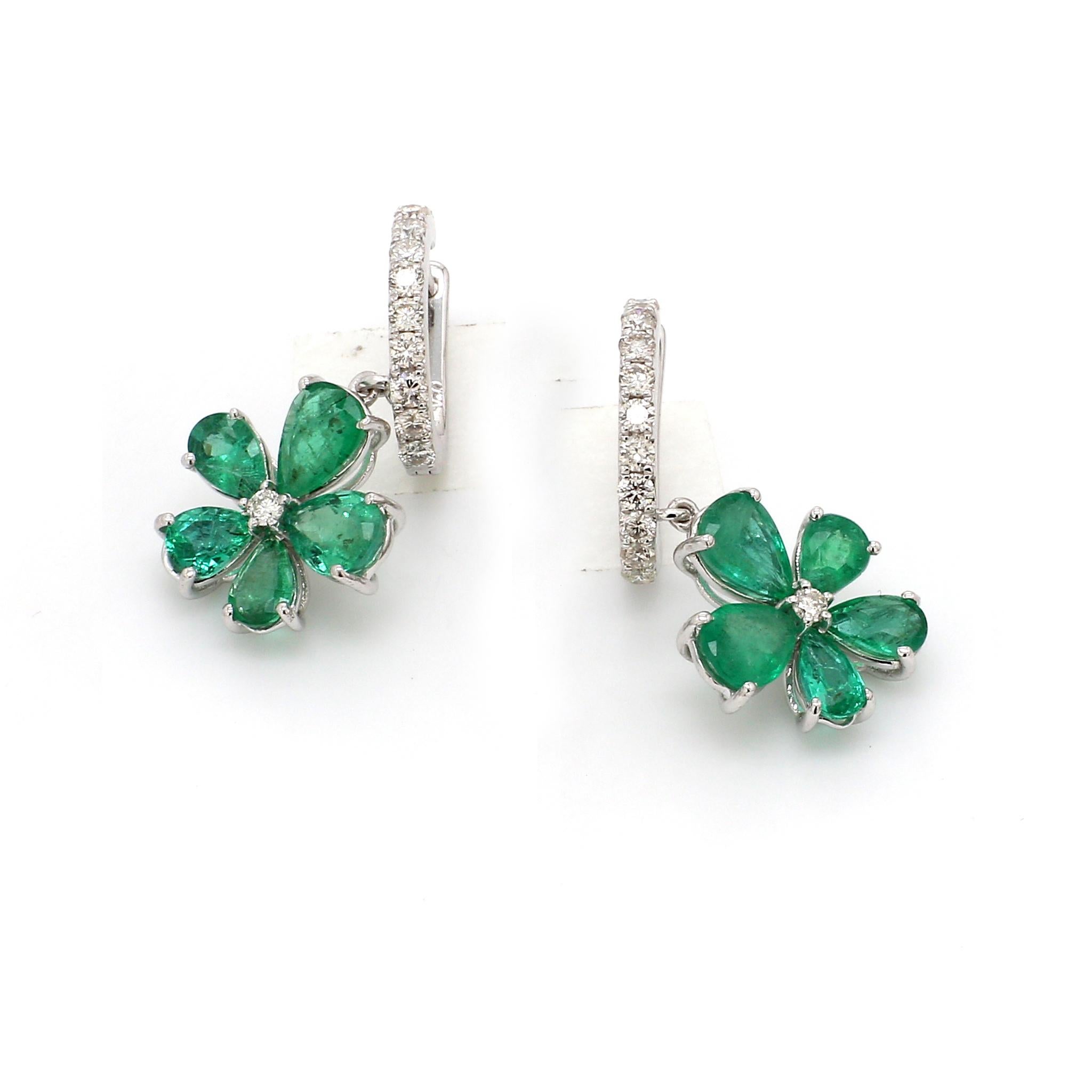 Pear Cut Pear Zambian Emerald Gemstone Hoop Earrings Diamond 18 Karat White Gold Jewelry For Sale