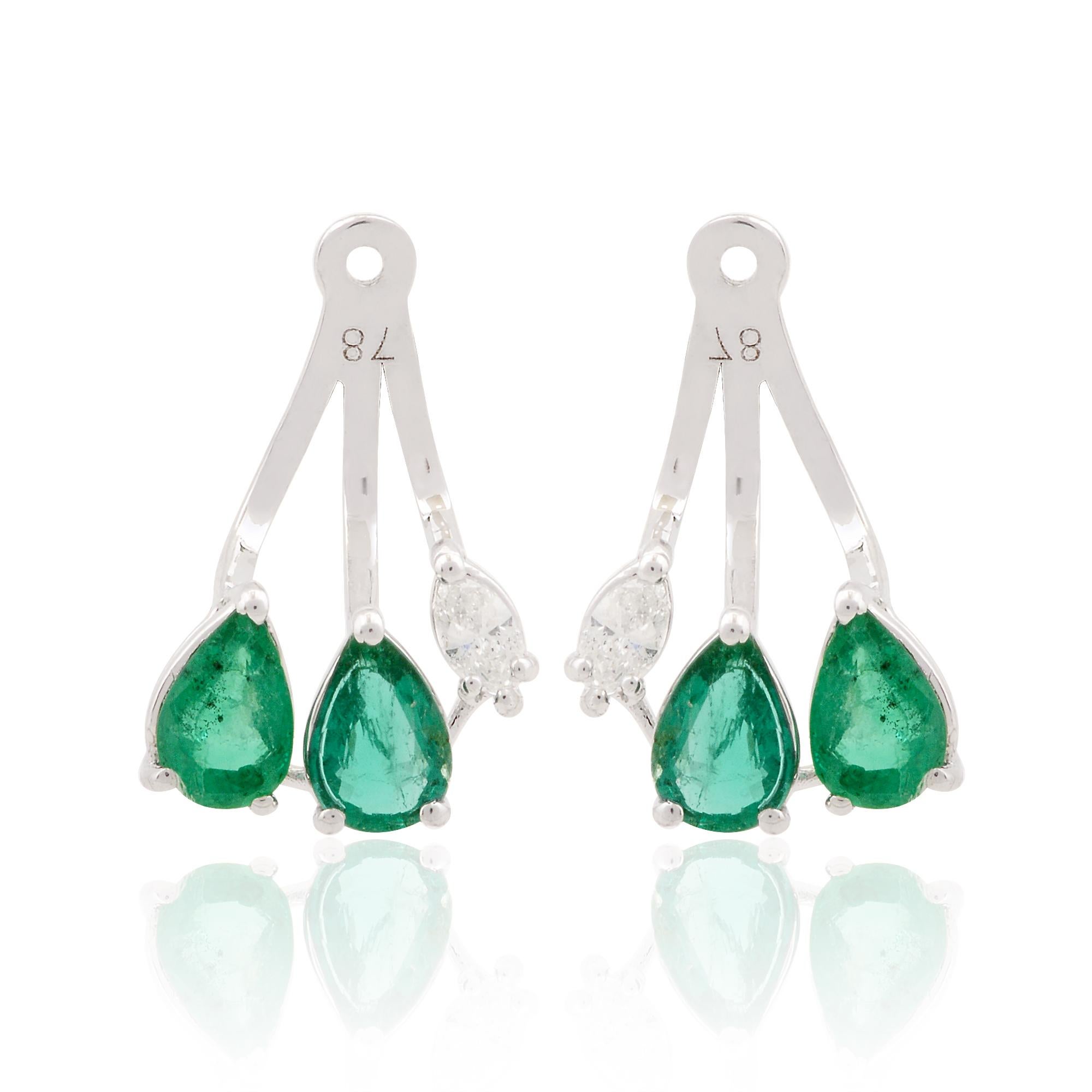 Modern Pear Natural Emerald Gemstone Jacket Earrings 14k White Gold Diamond Jewelry For Sale