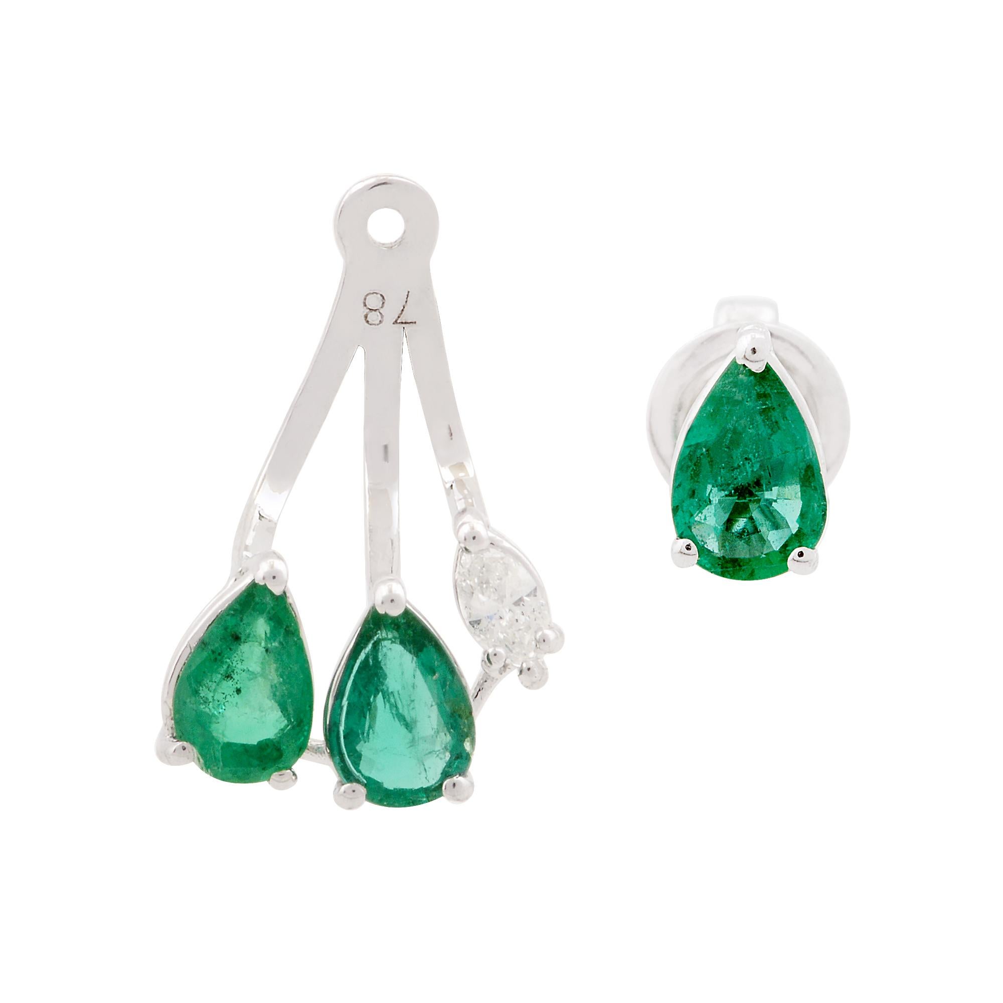 Modern Pear Natural Emerald Gemstone Jacket Earrings 14k White Gold Diamond Jewelry For Sale