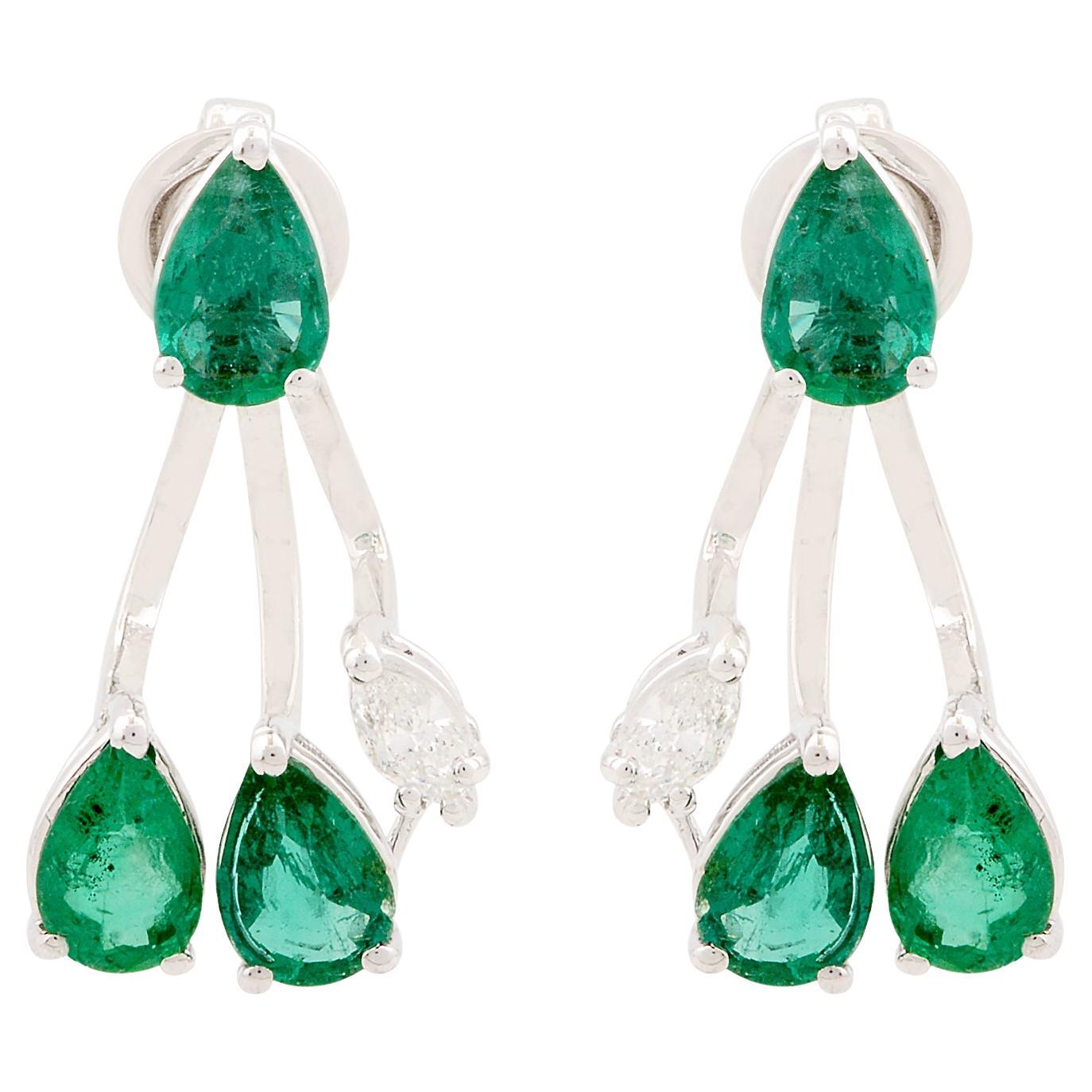 Pear Natural Emerald Gemstone Jacket Earrings 14k White Gold Diamond Jewelry For Sale