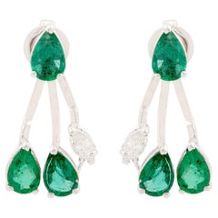 Pear Natural Emerald Gemstone Jacket Earrings 14k White Gold Diamond Jewelry