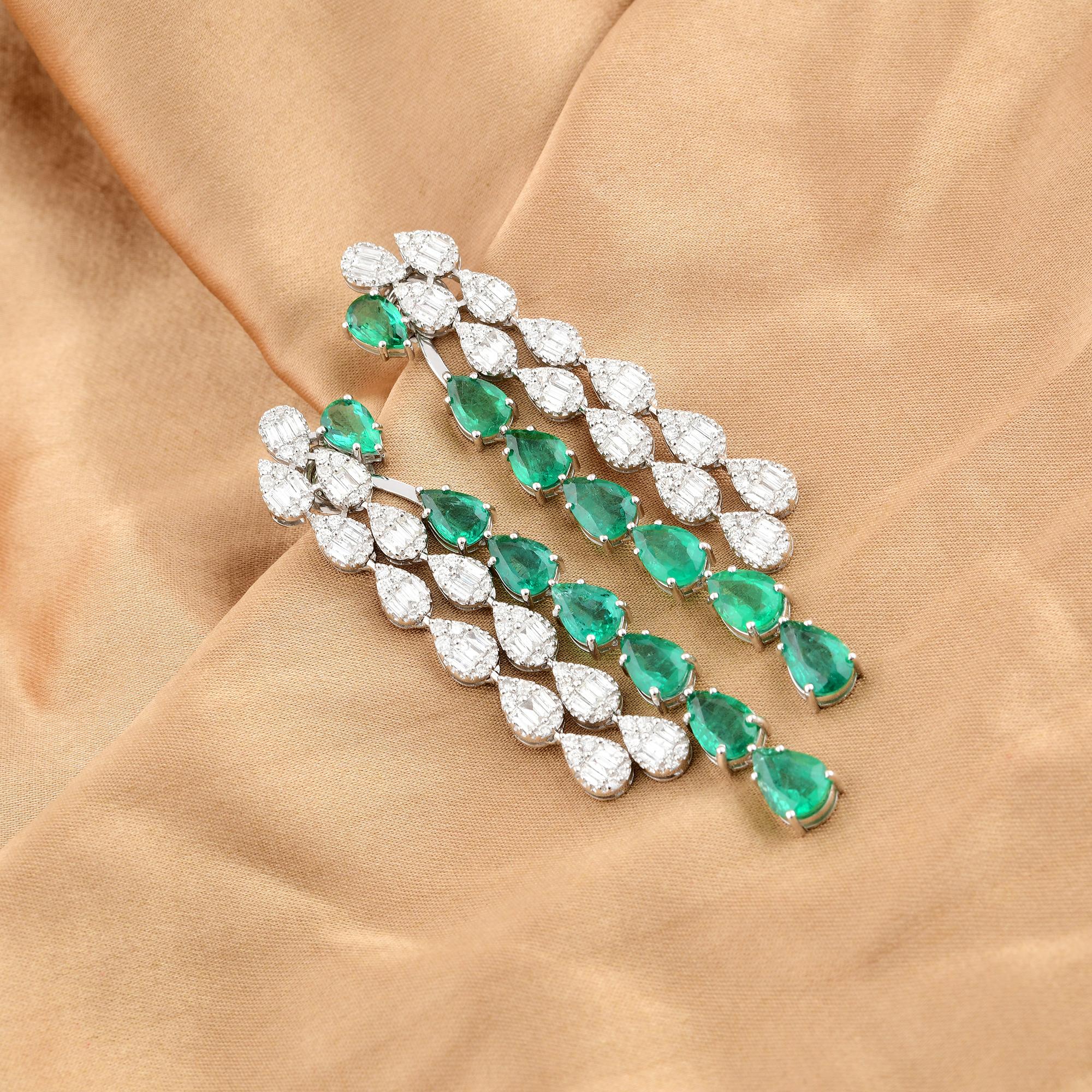 Modern Pear Zambian Emerald Gemstone Jacket Earrings Diamond 18k White Gold Jewelry For Sale