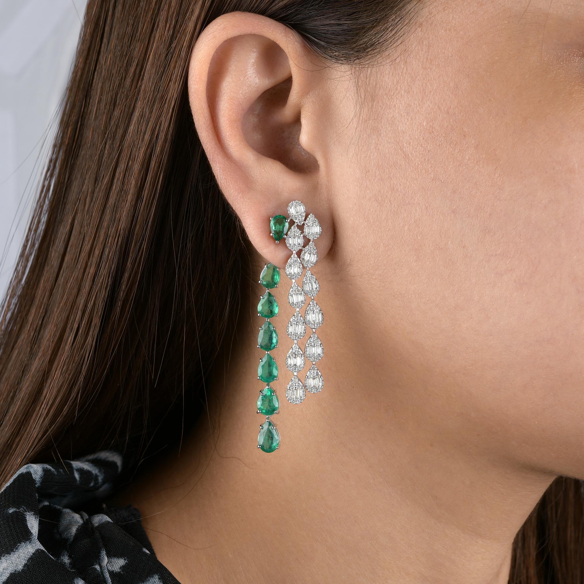 Pear Cut Pear Zambian Emerald Gemstone Jacket Earrings Diamond 18k White Gold Jewelry For Sale