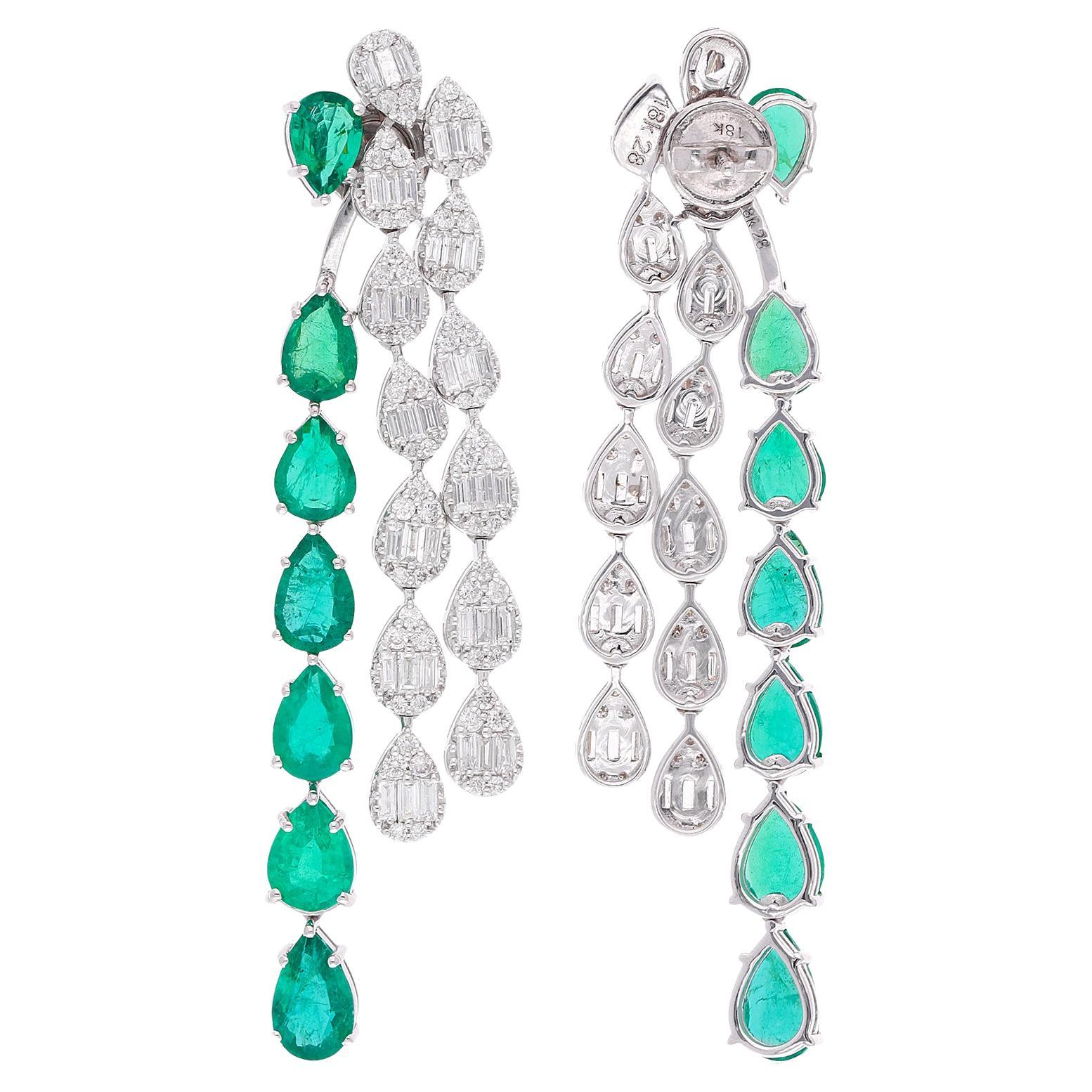 Pear Zambian Emerald Gemstone Jacket Earrings Diamond 18k White Gold Jewelry For Sale