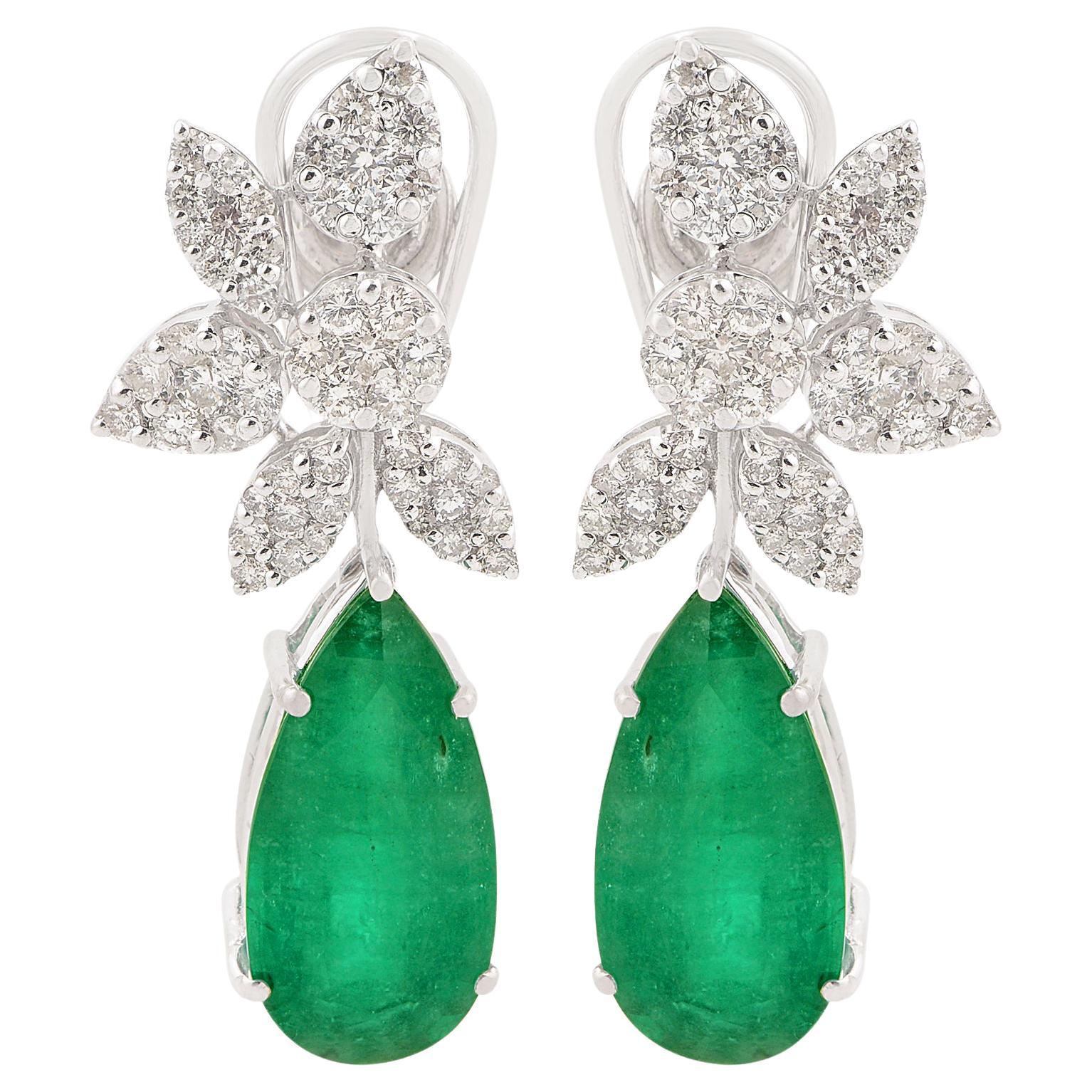Pear Natural Emerald Gemstone Leaf Earrings Diamond Pave 18k White Gold Jewelry For Sale