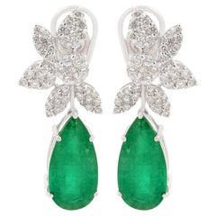 Pear Zambian Emerald Gemstone Leaf Earrings Diamond Pave 18k White Gold Jewelry
