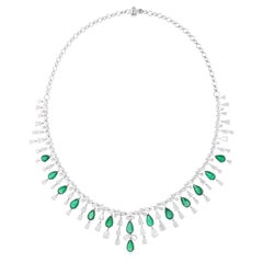 Pear Zambian Emerald Gemstone Necklace Diamond 10 Karat White Gold Fine Jewelry