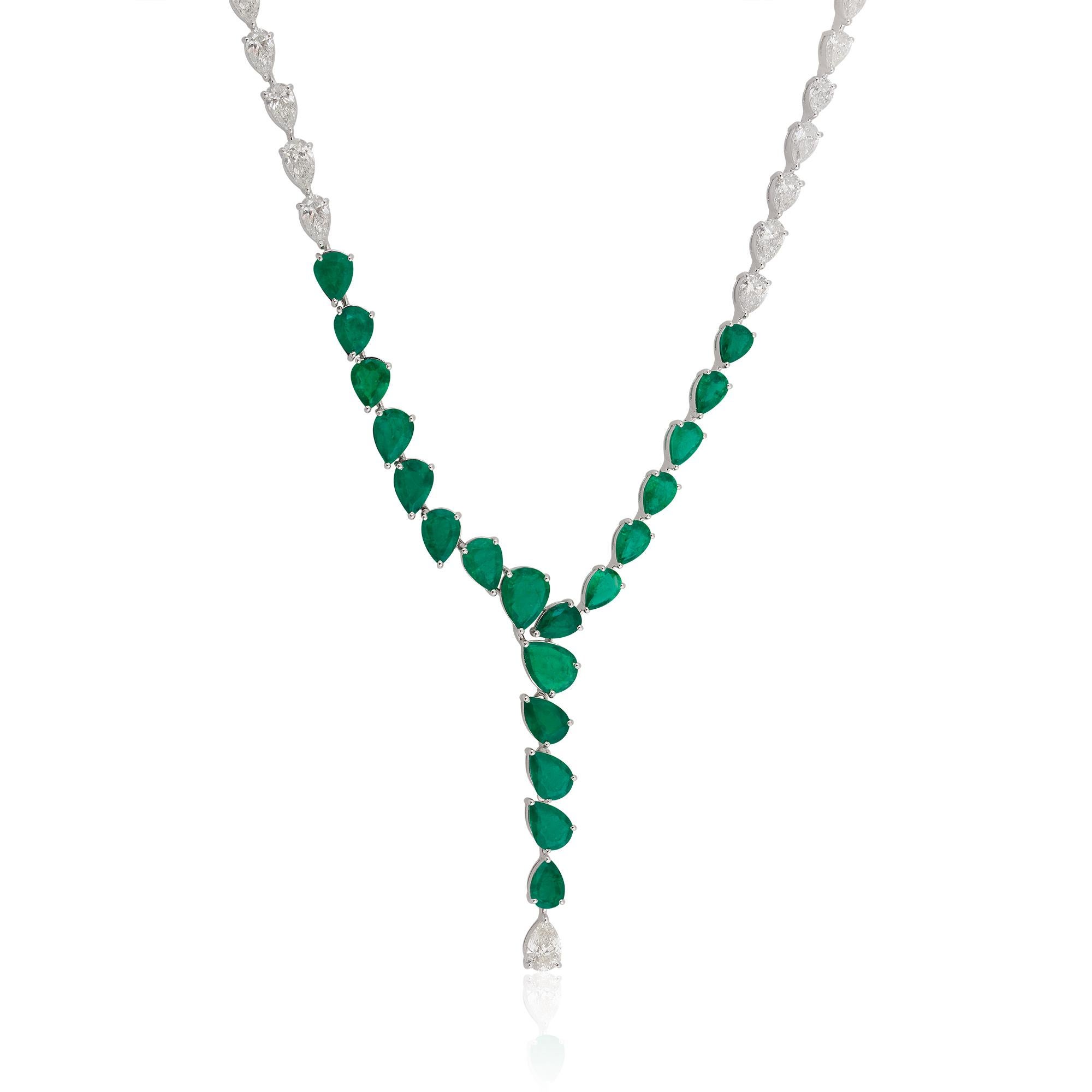 A necklace featuring a pear-shaped Zambian emerald gemstone and diamonds in 14 karat white gold is a stunning and luxurious piece of fine jewelry. The necklace typically showcases a single pear-shaped Zambian emerald as the centerpiece, accented by