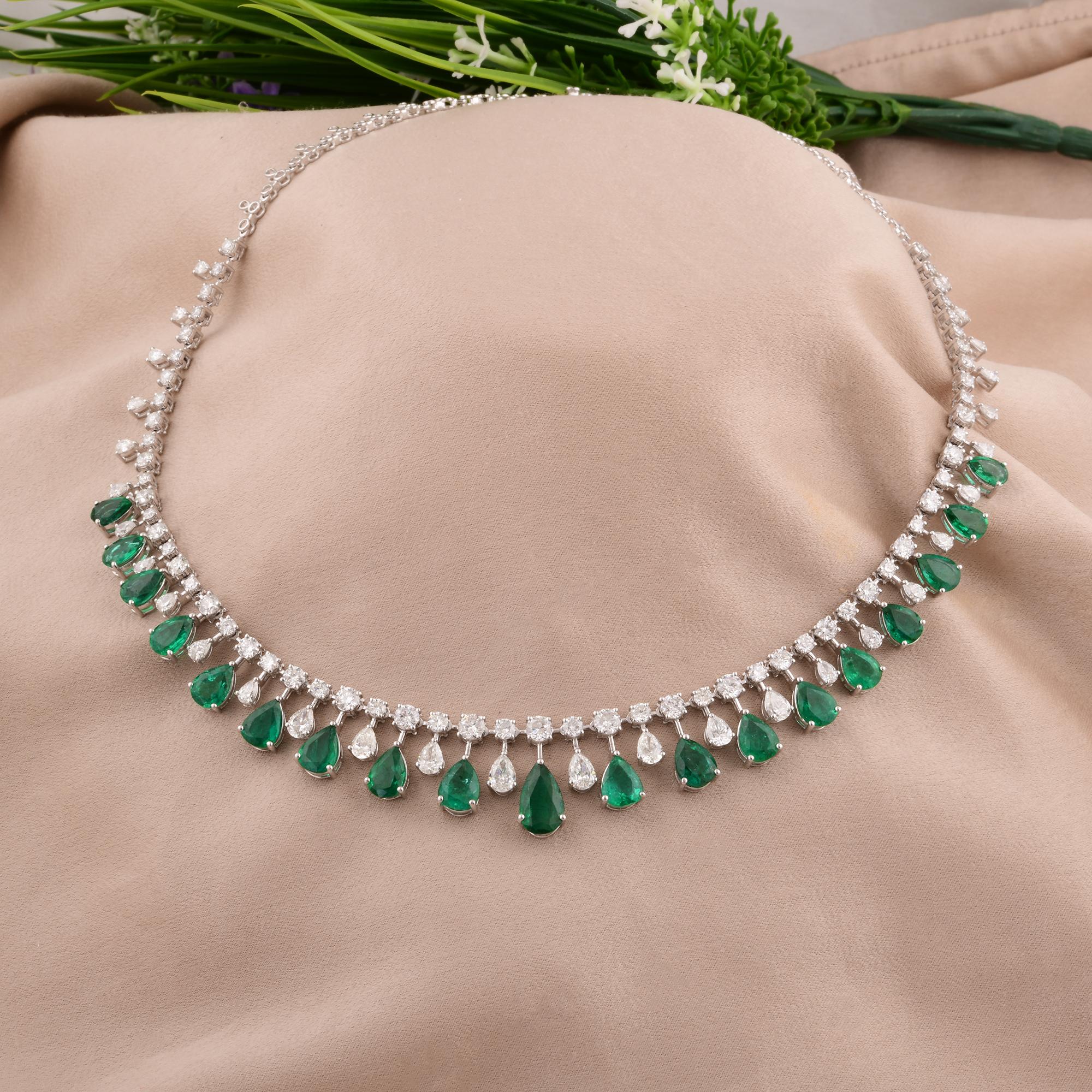 Modern Pear Zambian Emerald Gemstone Necklace Diamond 14 Karat White Gold Fine Jewelry For Sale