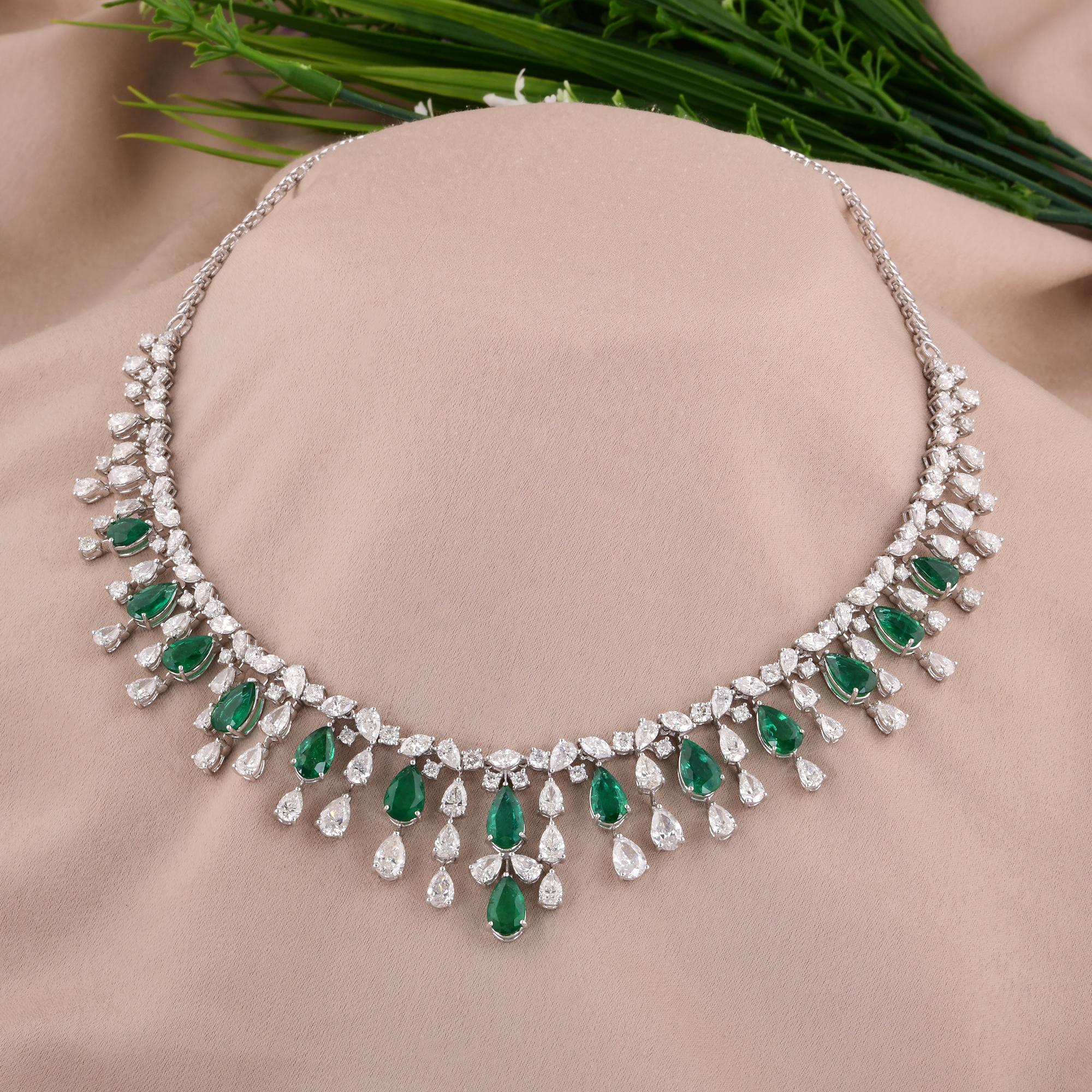 Women's Pear Zambian Emerald Gemstone Necklace Diamond 14 Karat White Gold Fine Jewelry For Sale
