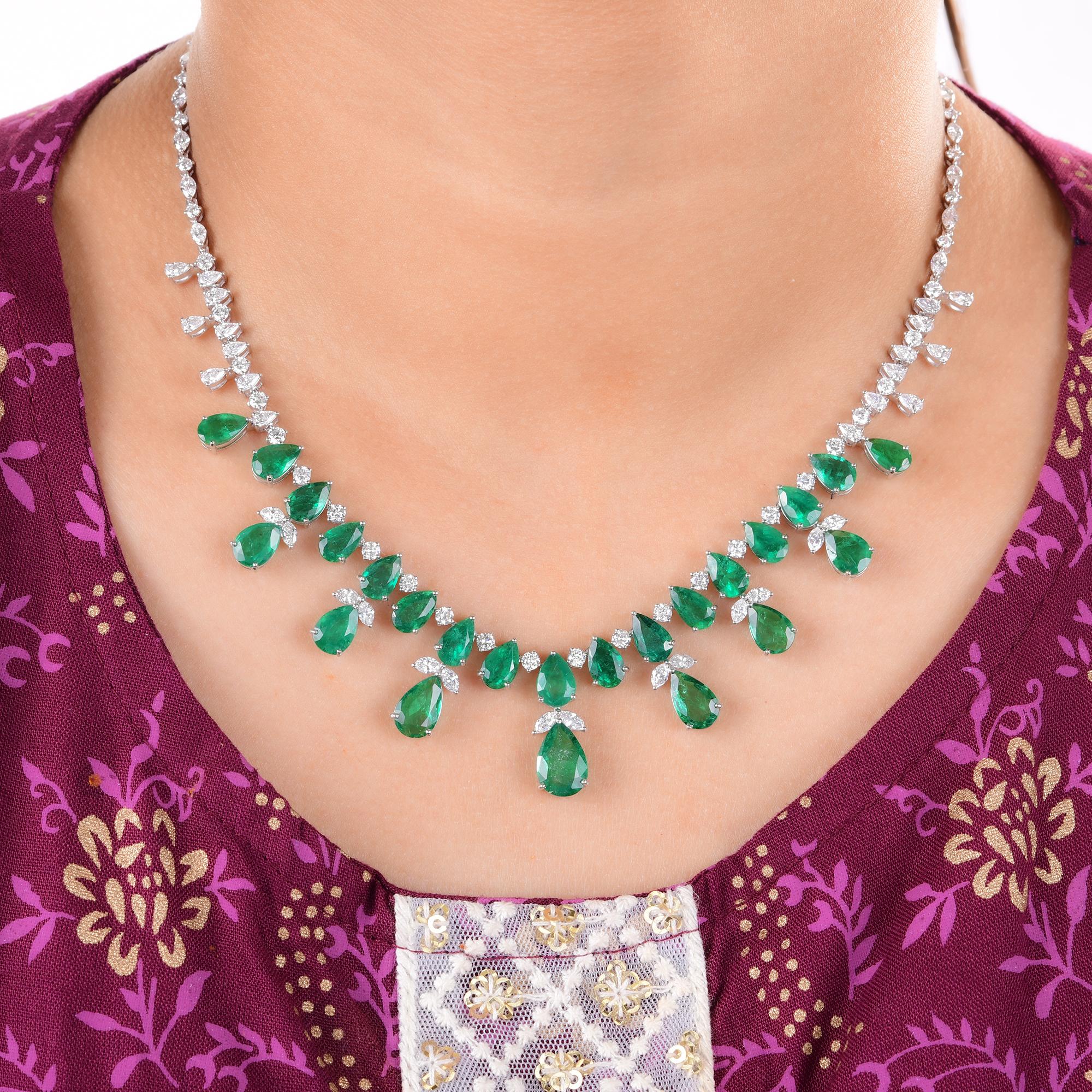 Women's Pear Zambian Emerald Gemstone Necklace Diamond 14 Karat White Gold Fine Jewelry For Sale