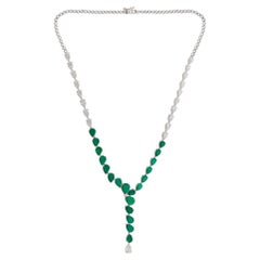 Pear Zambian Emerald Gemstone Necklace Diamond 14 Karat White Gold Fine Jewelry