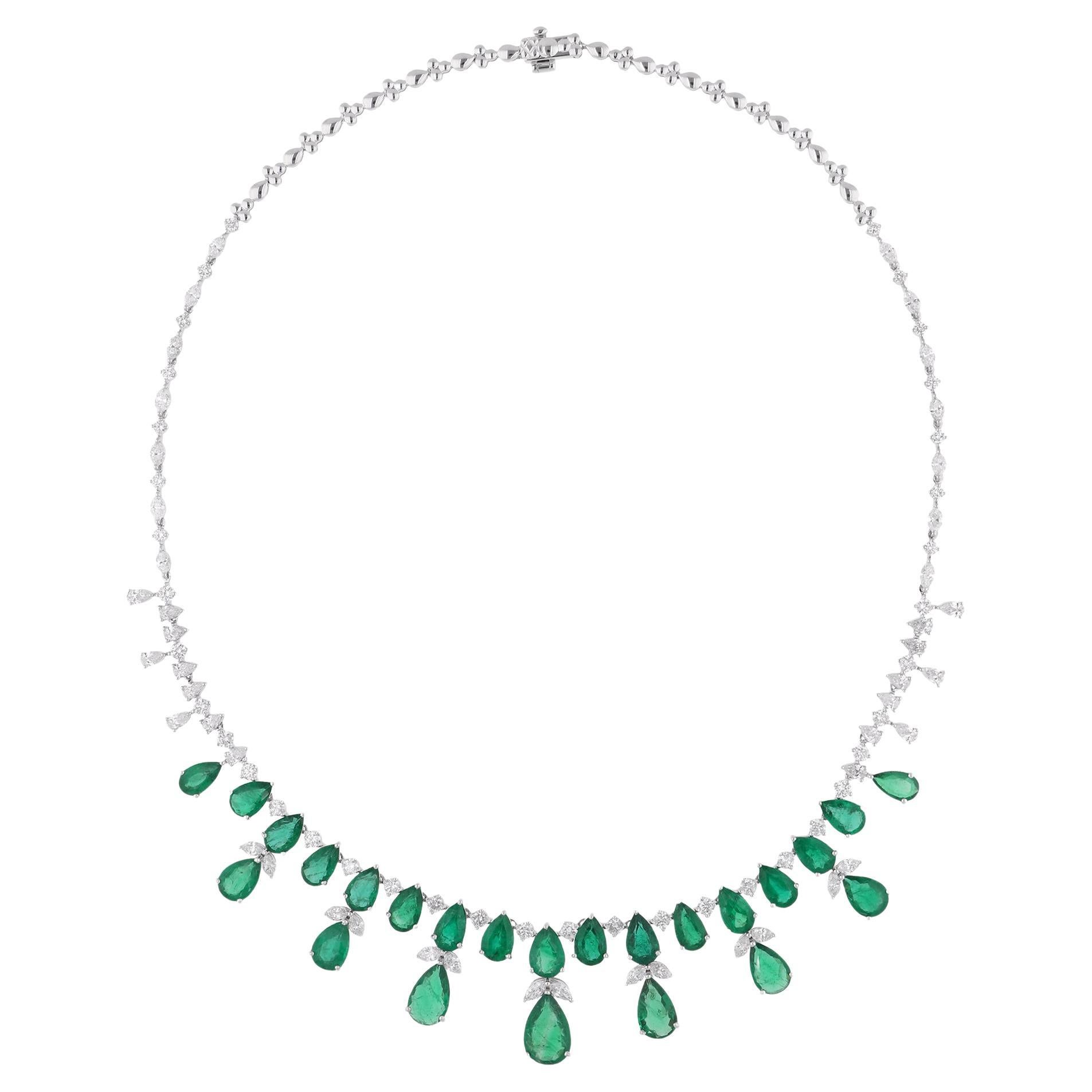 Pear Zambian Emerald Gemstone Necklace Diamond 14 Karat White Gold Fine Jewelry For Sale