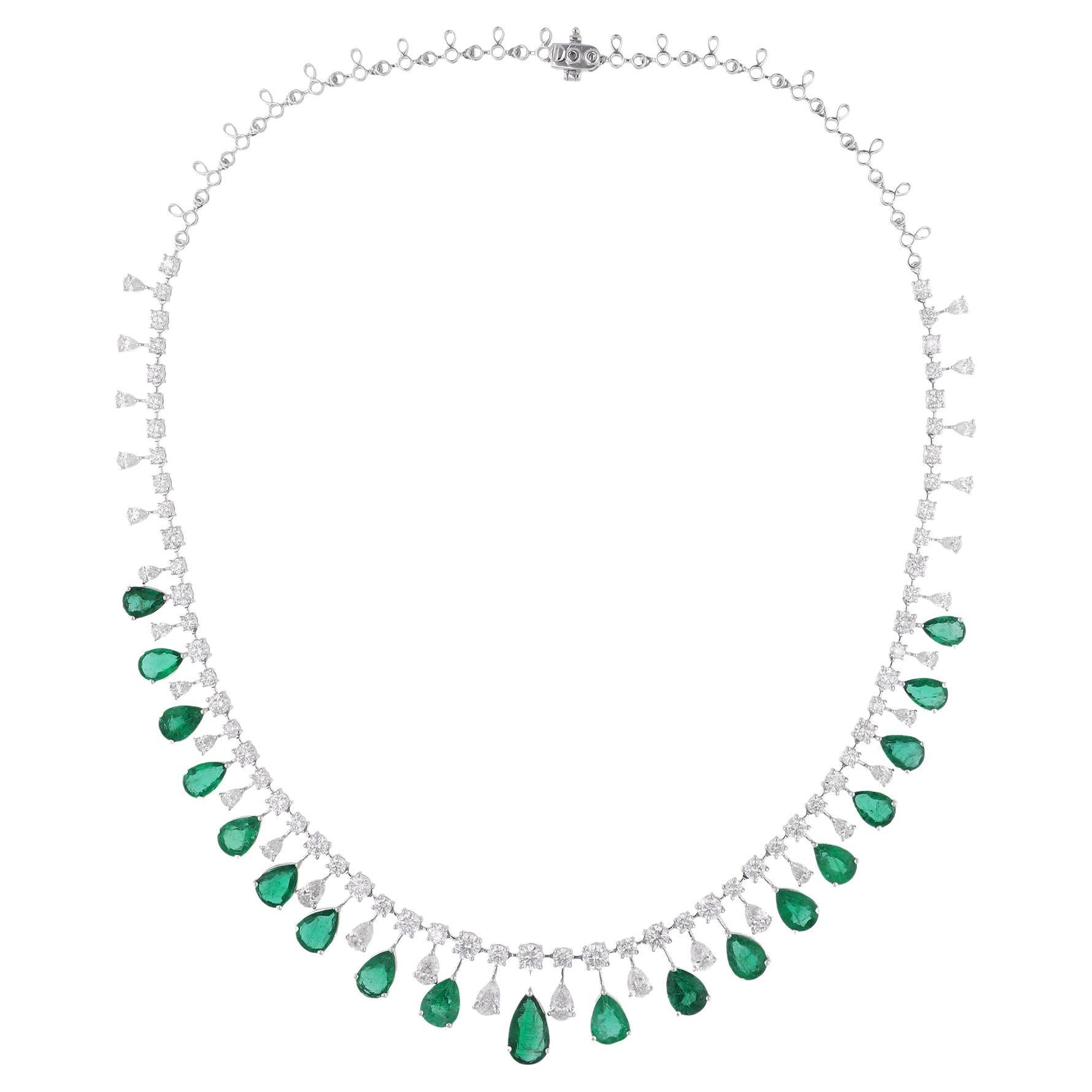 Birne Sambia Smaragd Edelstein Halskette Diamant 14 Karat Weißgold Feine Juwelen im Angebot