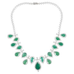 Pear Emerald Gemstone Necklace Diamond 18 Karat White Gold Fine Jewelry