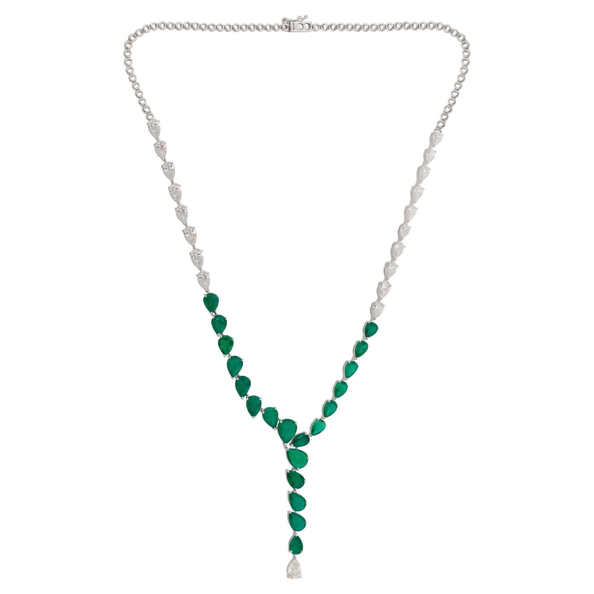 Pear Zambian Emerald Gemstone Necklace Diamond 18 Karat White Gold Fine Jewelry For Sale