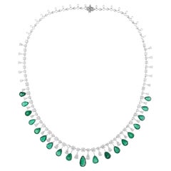 Pear Zambian Emerald Gemstone Necklace Diamond 18 Karat White Gold Fine Jewelry