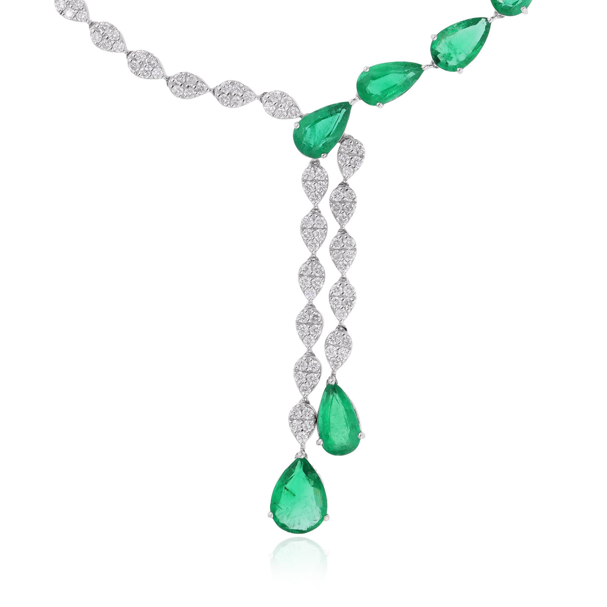 Indulge in the timeless elegance of this exquisite Pear Zambian Emerald Gemstone Necklace, a masterpiece of fine jewelry crafted in lustrous 14 Karat White Gold. This necklace exudes sophistication and luxury, making it a captivating addition to any