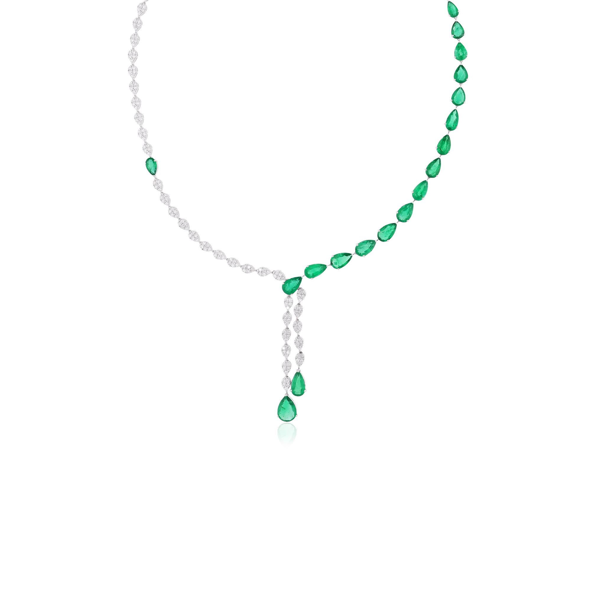 Pear Zambian Emerald Gemstone Necklace Diamond Fine 14 Karat White Gold Jewelry For Sale 1