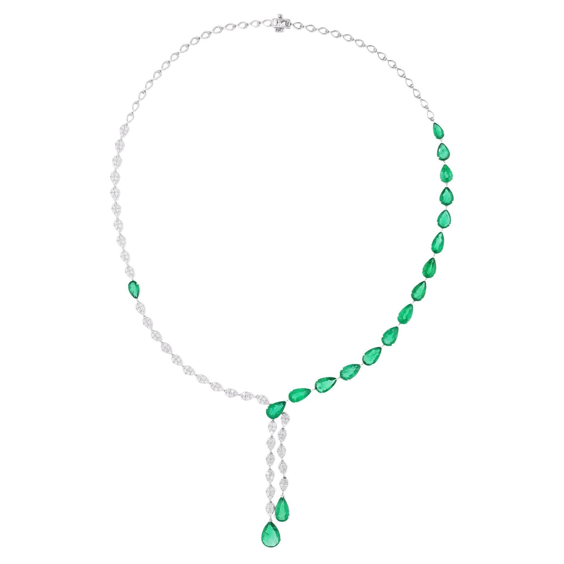 Pear Zambian Emerald Gemstone Necklace Diamond Fine 14 Karat White Gold Jewelry For Sale