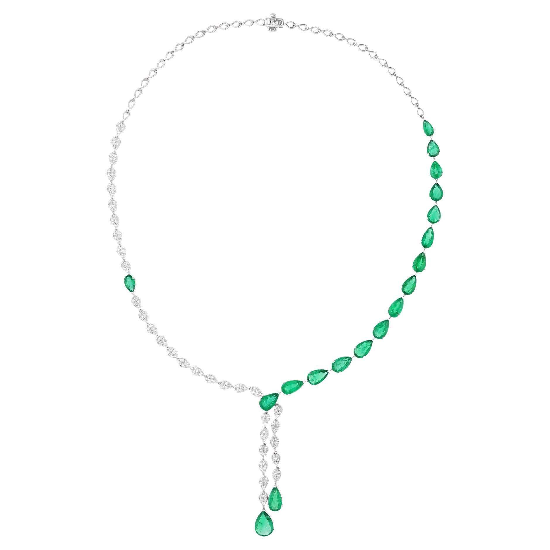 Birne Sambia Smaragd Edelstein Halskette Diamant Fein 14 Karat Weißgold Schmuck