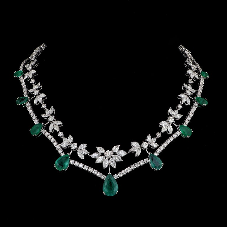 Pear Natural Emerald Gemstone Necklace Diamond Pave 18 Karat White Gold