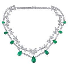 Pear Natural Emerald Gemstone Necklace Diamond Pave 18 Karat White Gold Jewelry