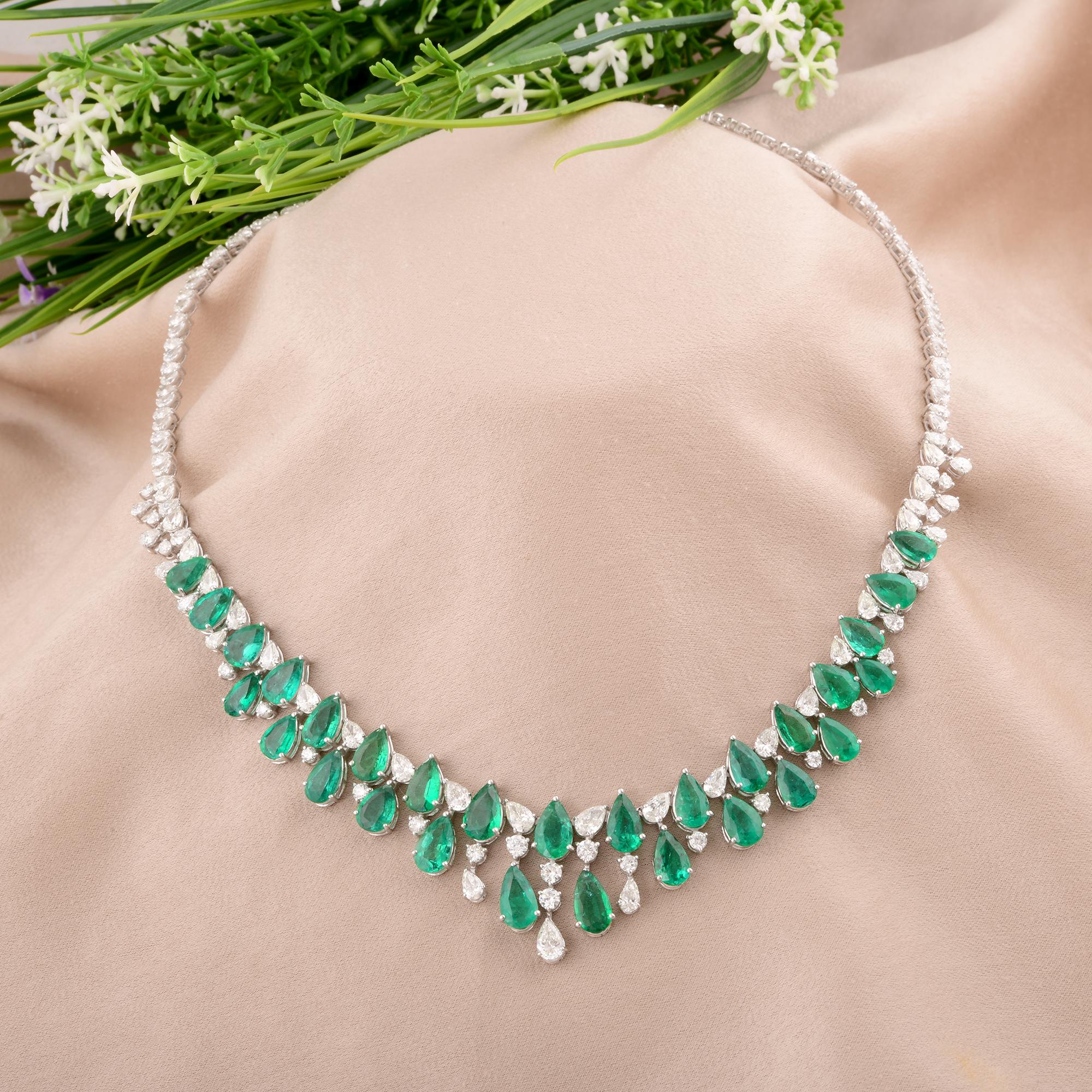 Modern Pear Zambian Emerald Gemstone Necklace Pear & Round Diamond 14 Karat White Gold For Sale