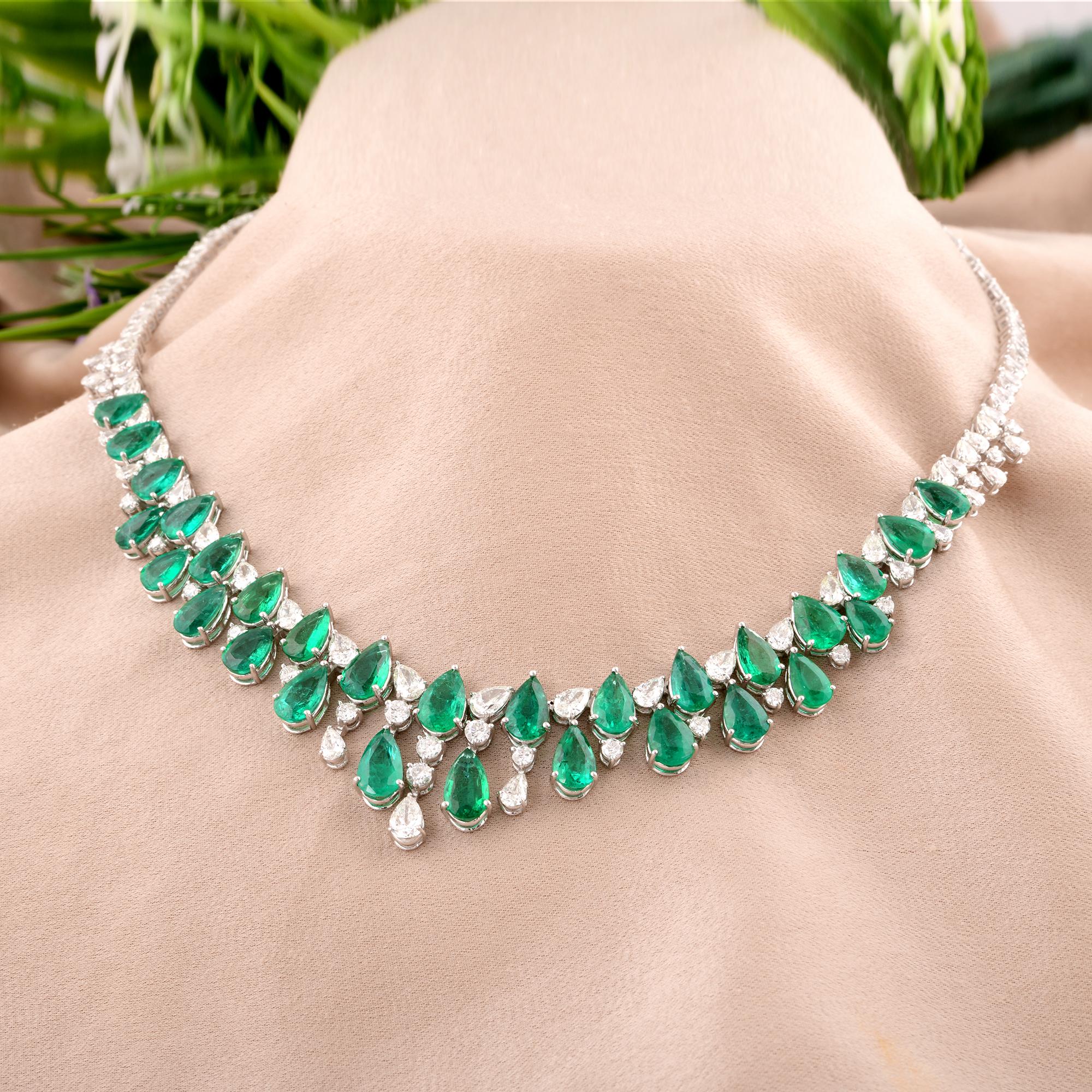 Pear Cut Pear Zambian Emerald Gemstone Necklace Pear & Round Diamond 14 Karat White Gold For Sale