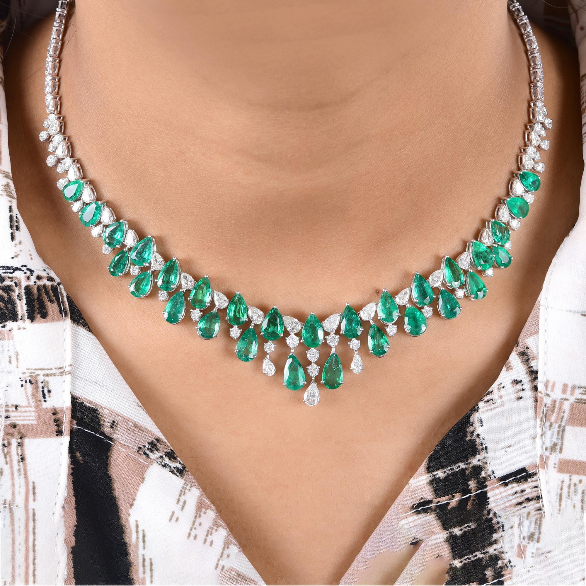 Women's Pear Zambian Emerald Gemstone Necklace Pear & Round Diamond 14 Karat White Gold For Sale