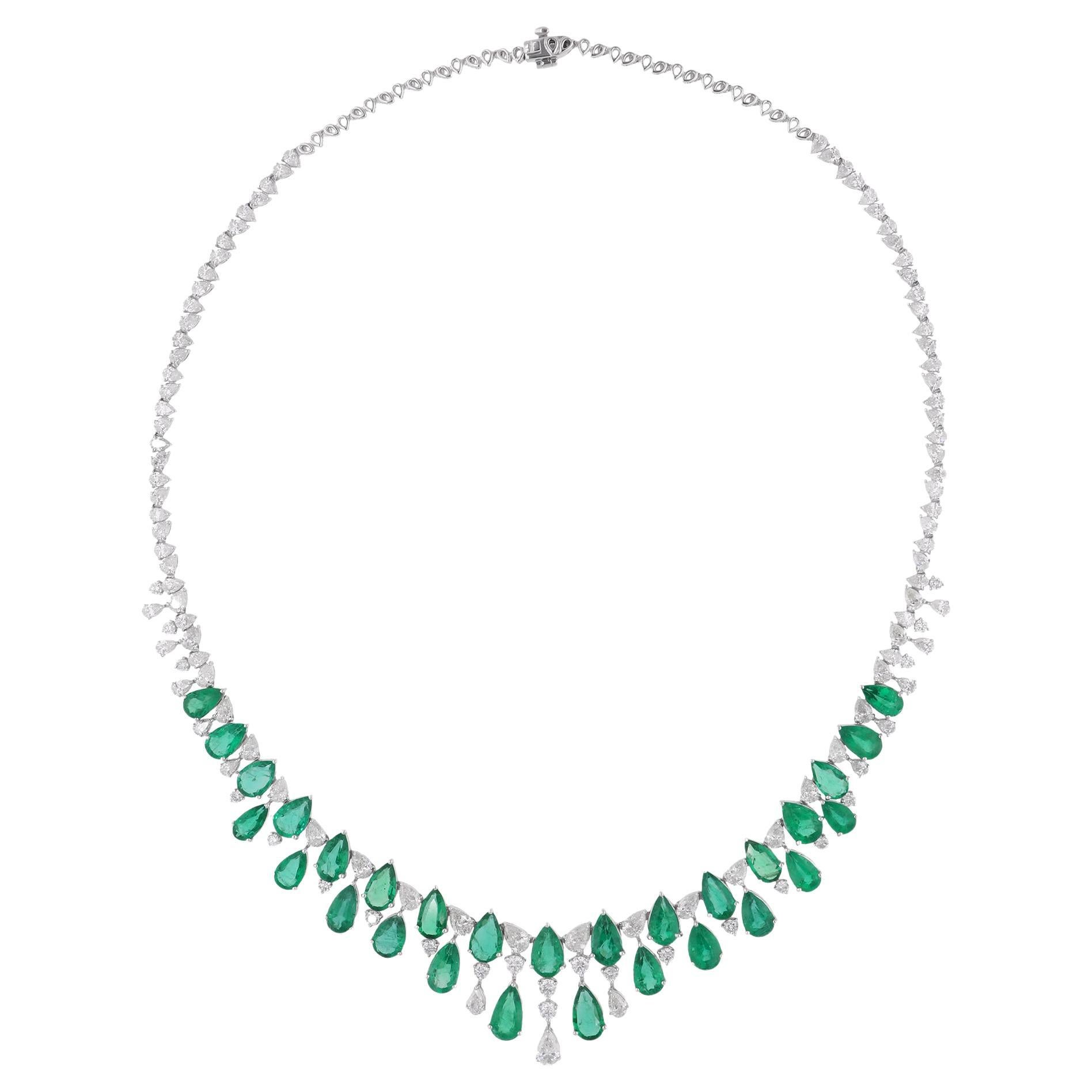 Pear Zambian Emerald Gemstone Necklace Pear & Round Diamond 18 Karat White Gold For Sale