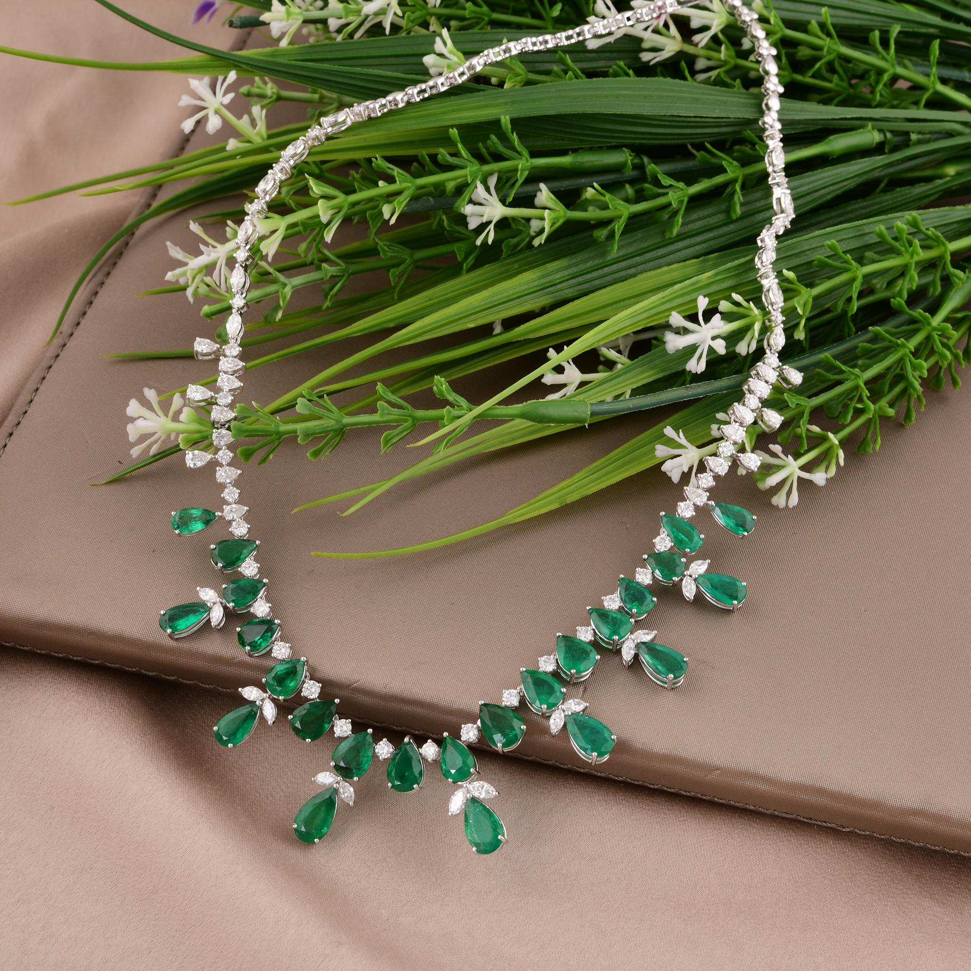 Modern Pear Zambian Emerald Gemstone Necklace Round & Pear Diamond 14 Karat White Gold For Sale