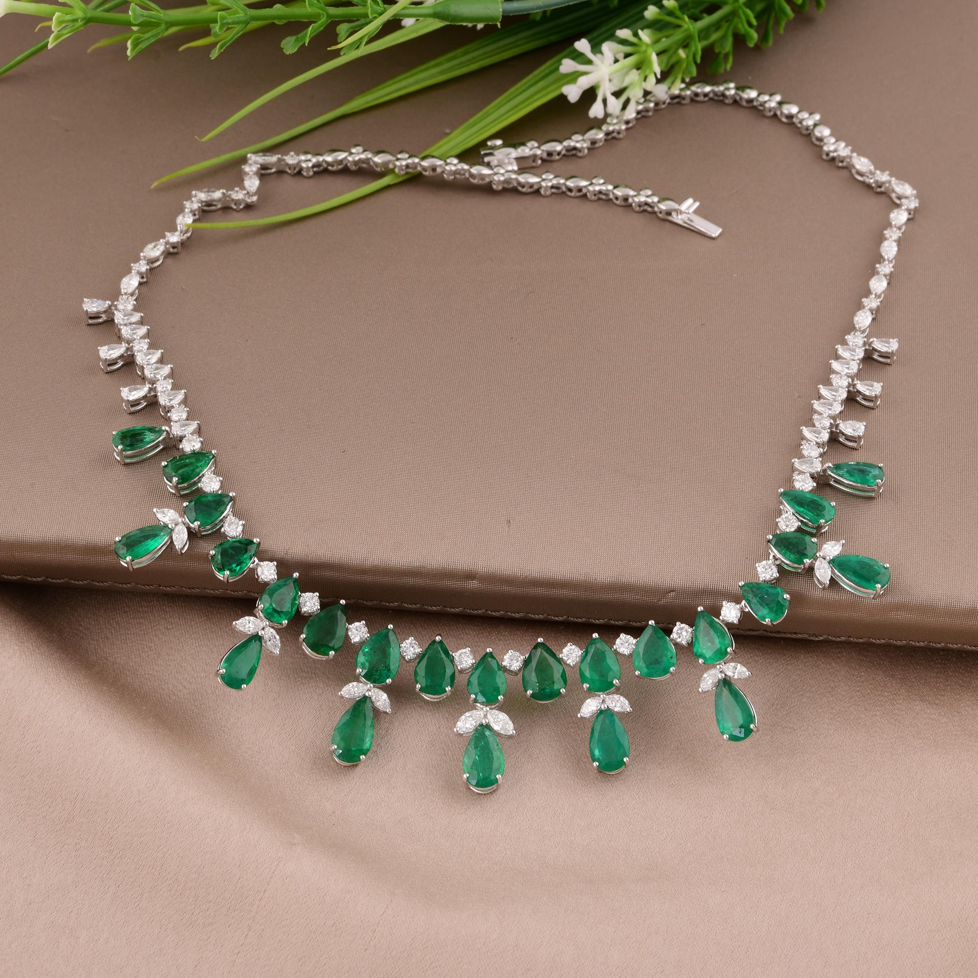 Pear Cut Pear Zambian Emerald Gemstone Necklace Round & Pear Diamond 14 Karat White Gold For Sale