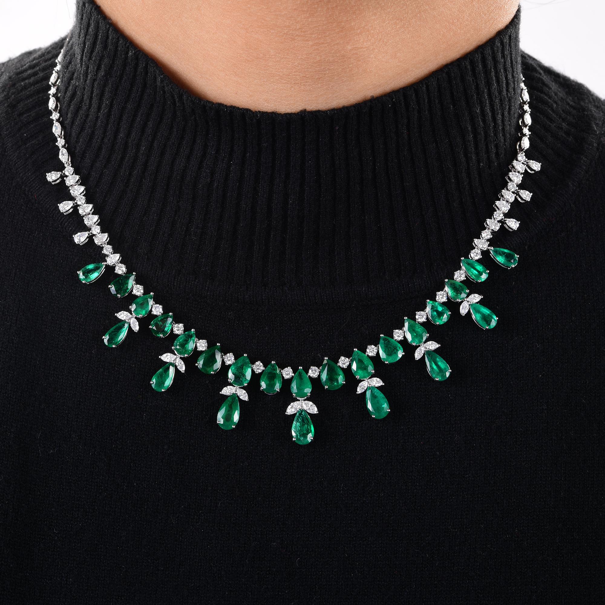 Women's Pear Zambian Emerald Gemstone Necklace Round & Pear Diamond 14 Karat White Gold For Sale
