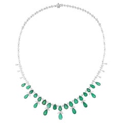 Pear Zambian Emerald Gemstone Necklace Round & Pear Diamond 18 Karat White Gold