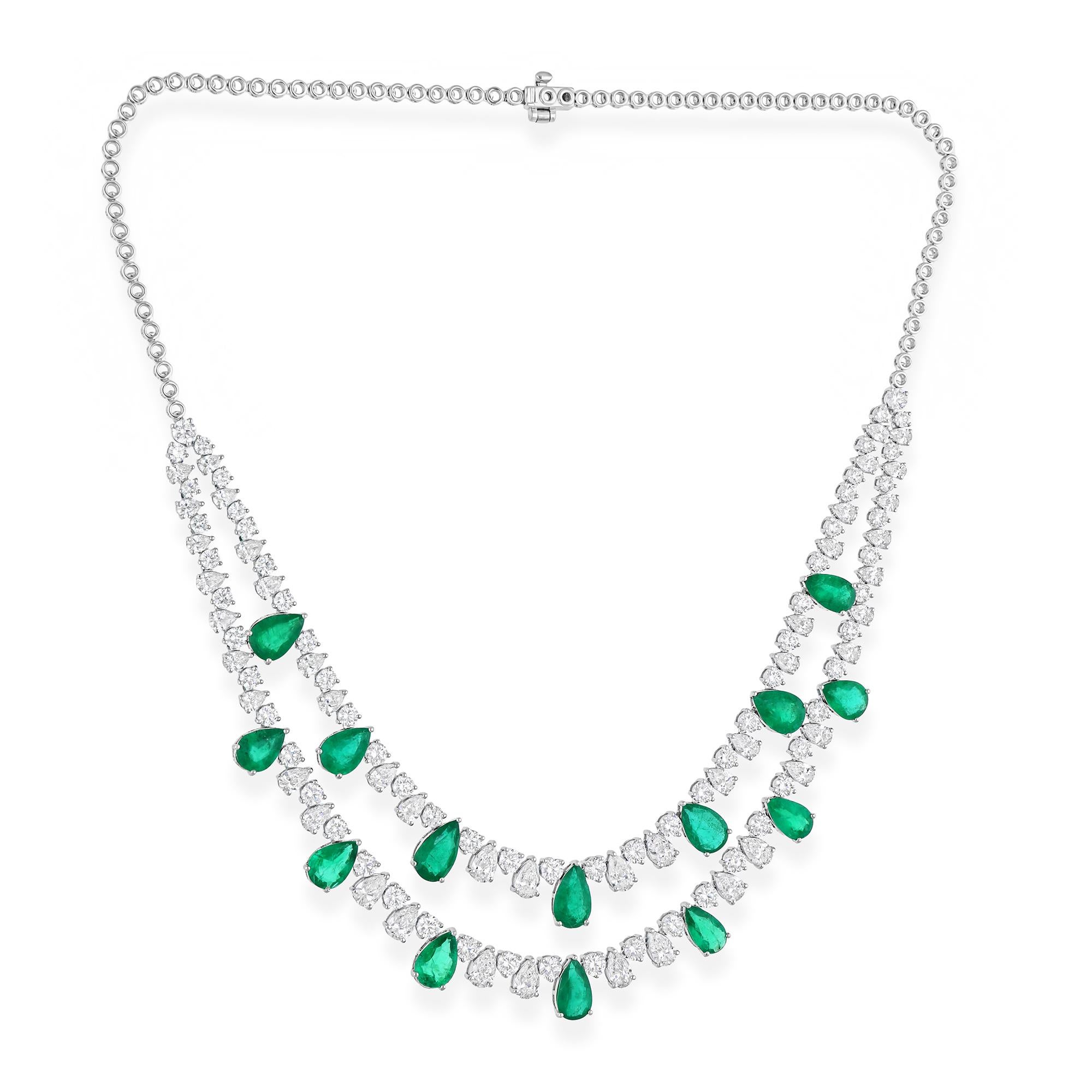 Pear Zambian Emerald Gemstone Necklace SI/H Diamond 14 Karat White Gold Jewelry
