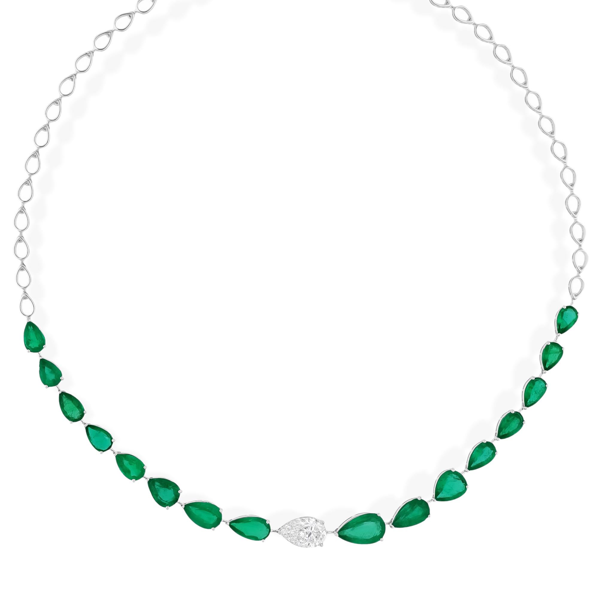 Birne Sambia Smaragd Edelstein Halskette SI/H Diamant 14 Karat Weißgold Schmuck Damen im Angebot