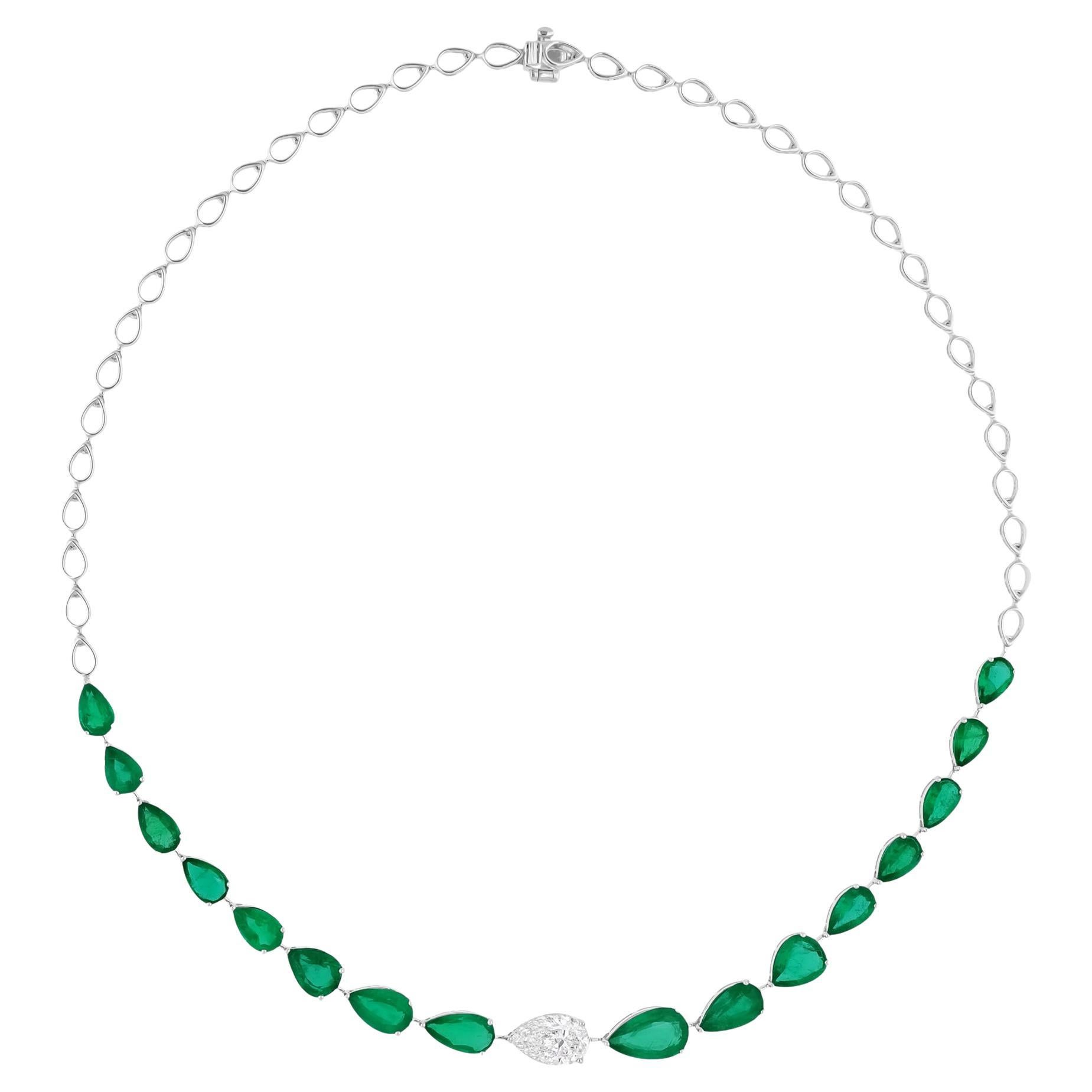 Pear Zambian Emerald Gemstone Necklace SI/H Diamond 14 Karat White Gold Jewelry