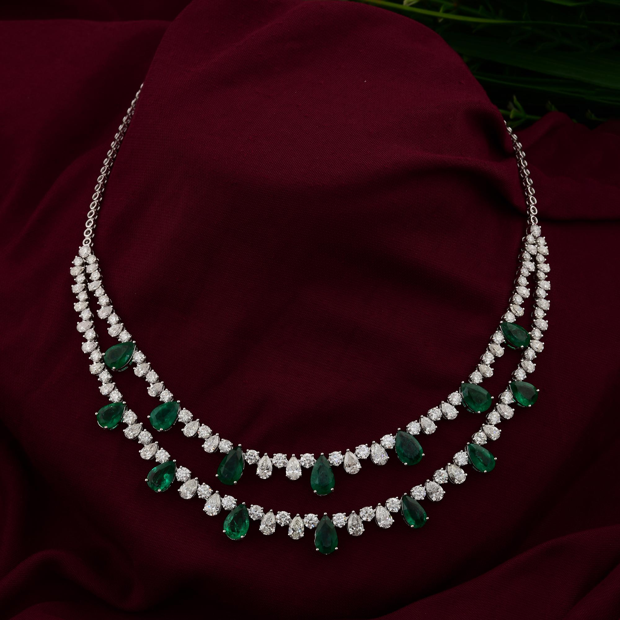 Pear Cut Pear Zambian Emerald Gemstone Necklace SI/H Diamond 18 Karat White Gold Jewelry For Sale
