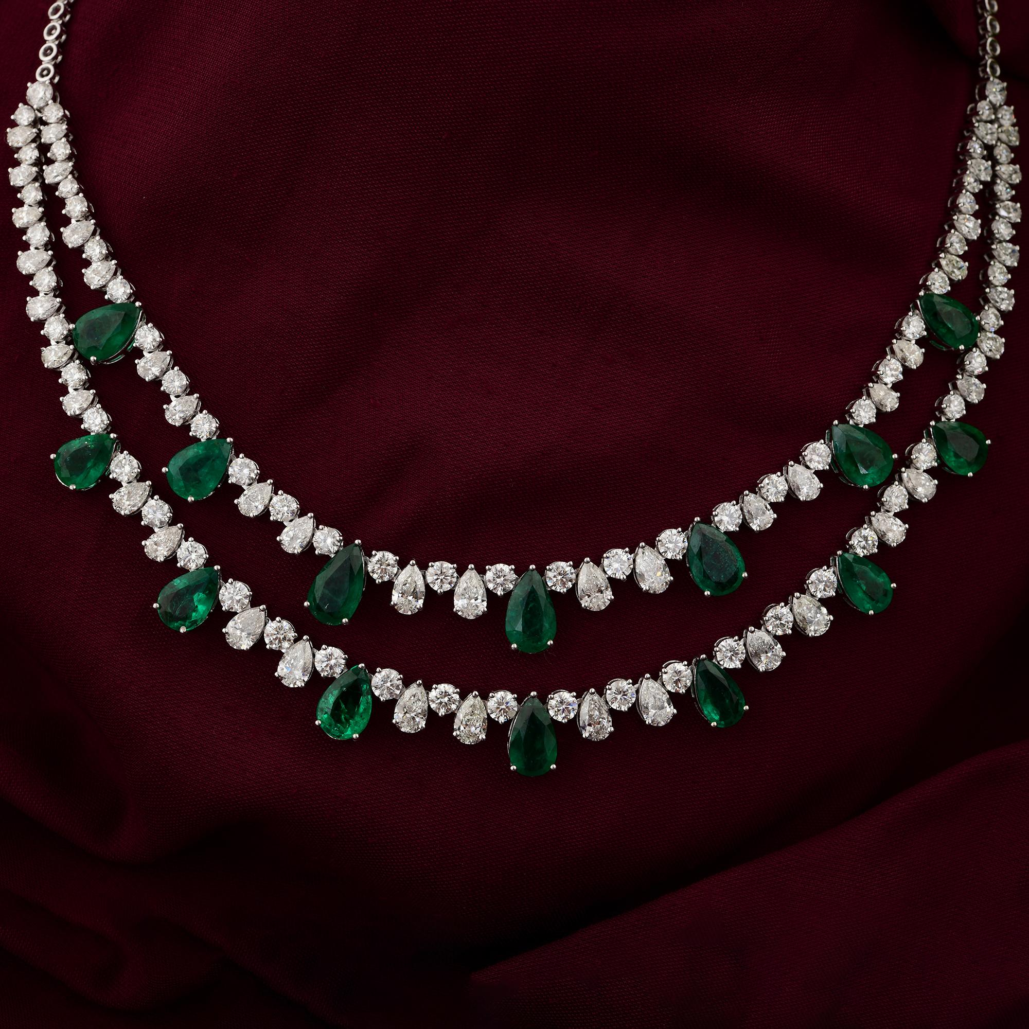 Pear Zambian Emerald Gemstone Necklace SI/H Diamond 18 Karat White Gold Jewelry In New Condition For Sale In Diera, Dubai